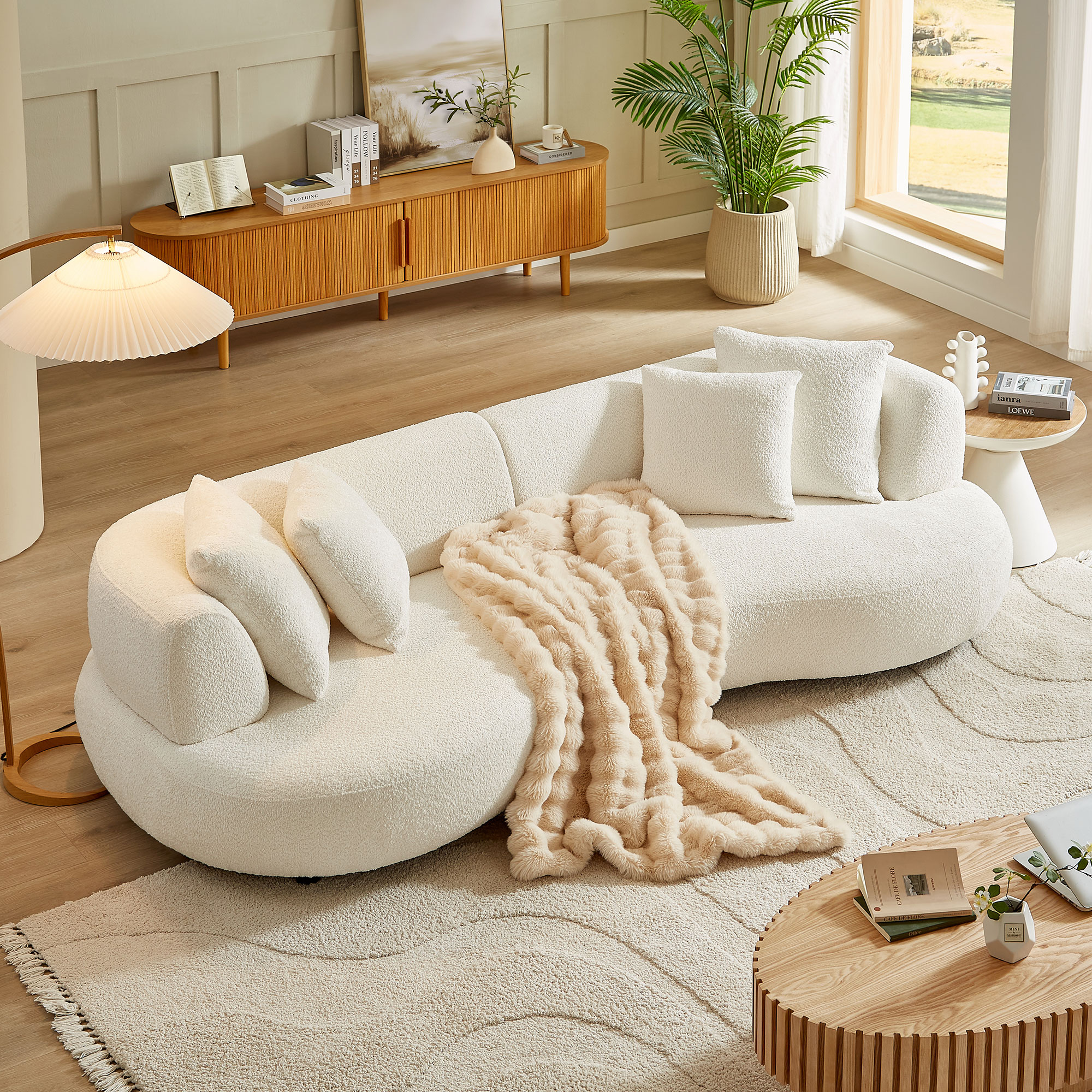 102.36 Inch Mid Century Modern Sectional Curved Sofa Couch, Comfy Sofa For Living Room,Upholstered 4-Seat Sofa Boucle Fabric Cream Style Couch For Apartment,White
