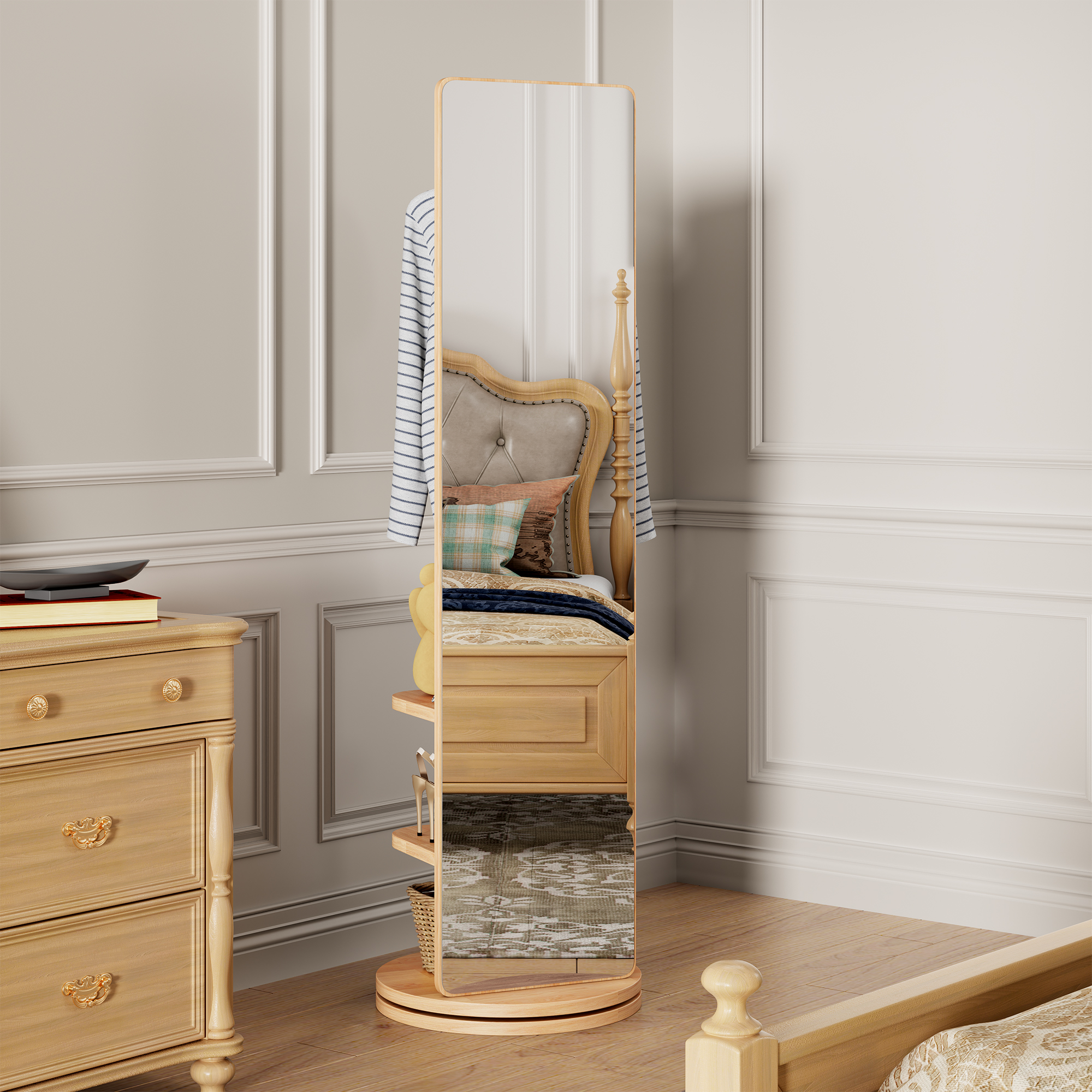 360 Rotating 69x16 Multifunctional Full Length Mirror With Hook Storage Rack Coat Rack With Mirror Solid Wood Floor Mirror Bedroom Living Room Cloakroom Space Saving Natural Wood_voghion.com