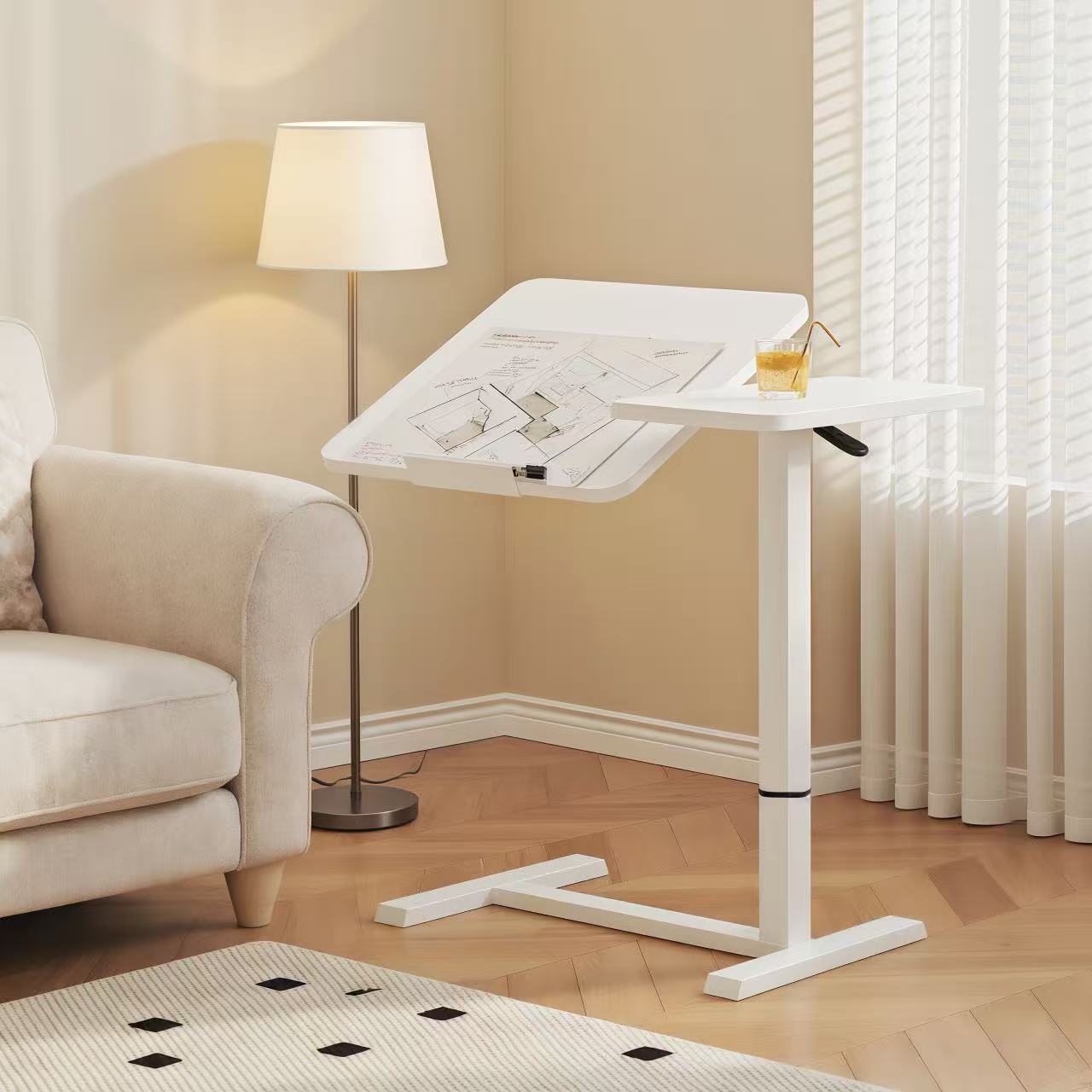 UPGRADED Overbed Bedside Desk, Mobile Rolling Laptop Stand Tilting Overbed Table With Wheels, Height Adjustable Tray Bedside Table For Laptop Bed Sofa, WHITE