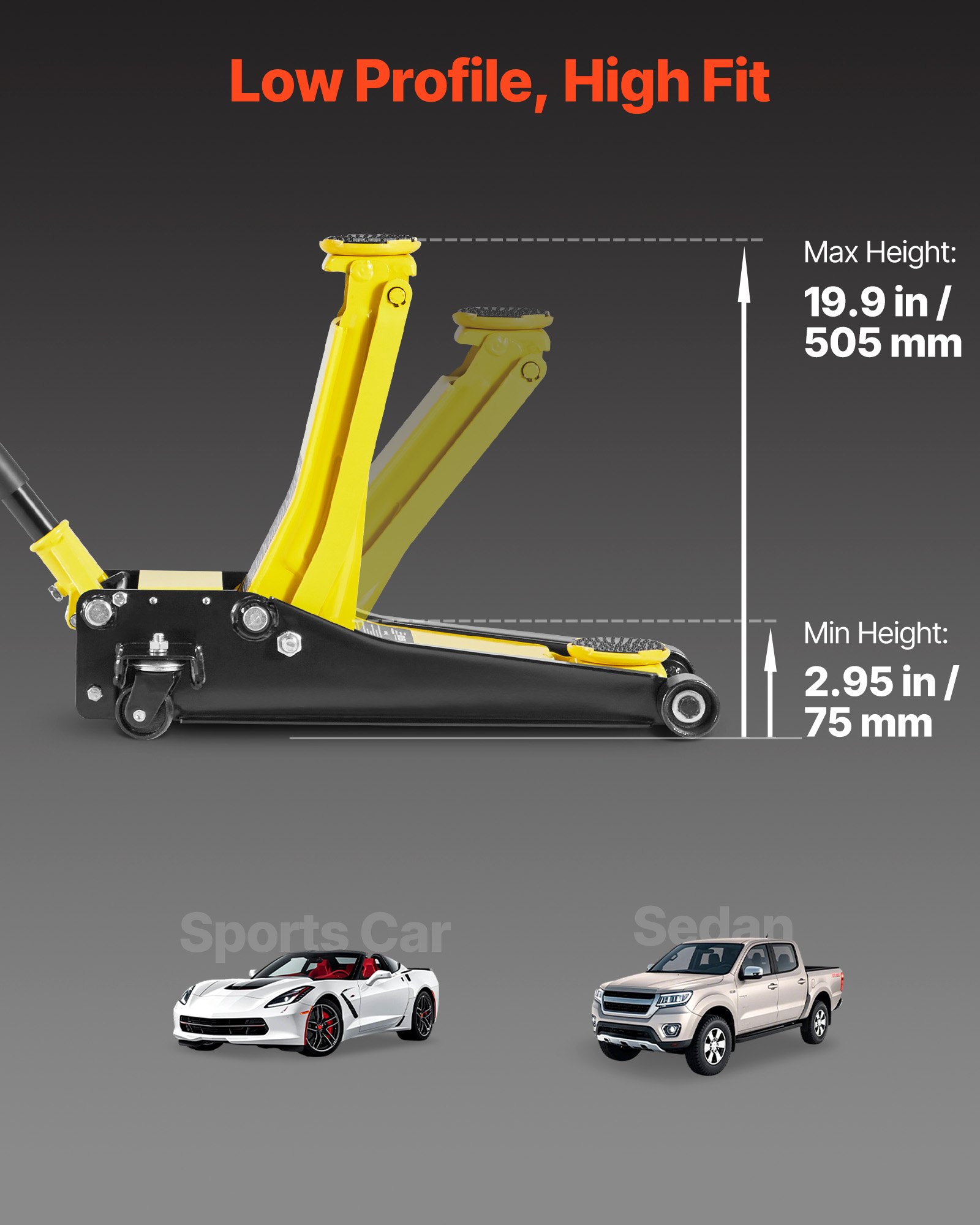 Low Profile Floor Jack, 2 Ton (4400 Lbs) Capacity, Steel Racing Floor Jack With Dual Pistons Quick Lift Pump, Hydraulic Trolley Car Lift For Sports Cars, Sedans, Lifting Range 2.95-19.9 Inches