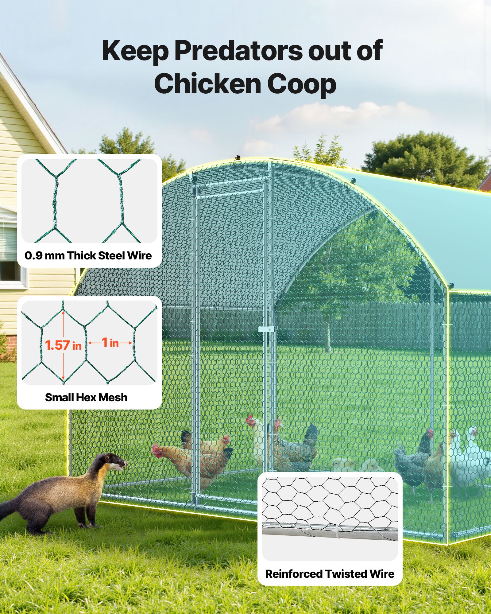 Metal Chicken Coop, 9.8x6.5x6.5ft Large Walk-in Chicken Runs With Cover, Doom Roof Hen House Enclosure With Security Lock, Outdoor Duck Rabbit Cage Poultry Pen For Backyard, Farm, Yard