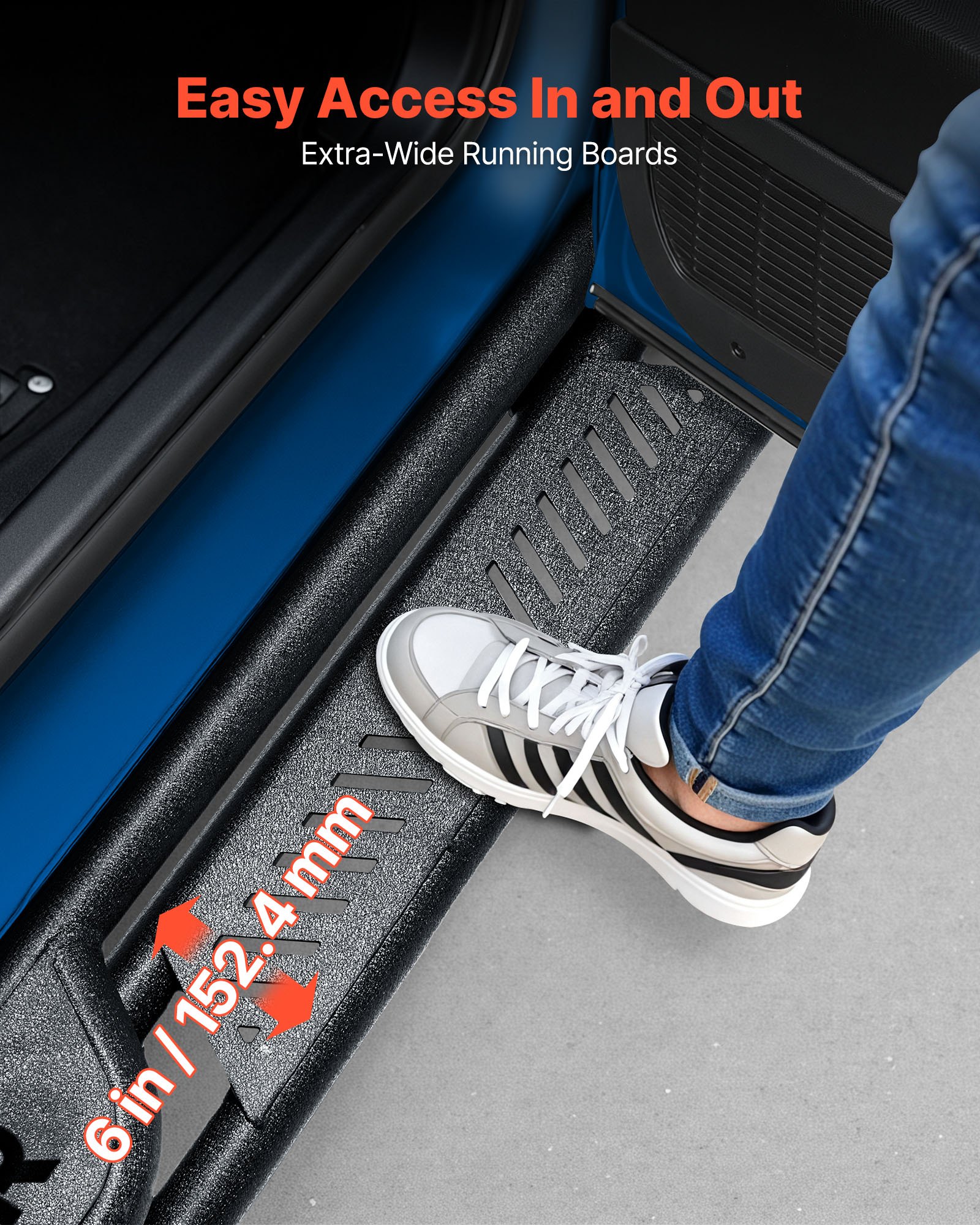 Full-length view of Vevor 6-inch steel side steps on RAM 3500 Crew Cab work truck – passenger side