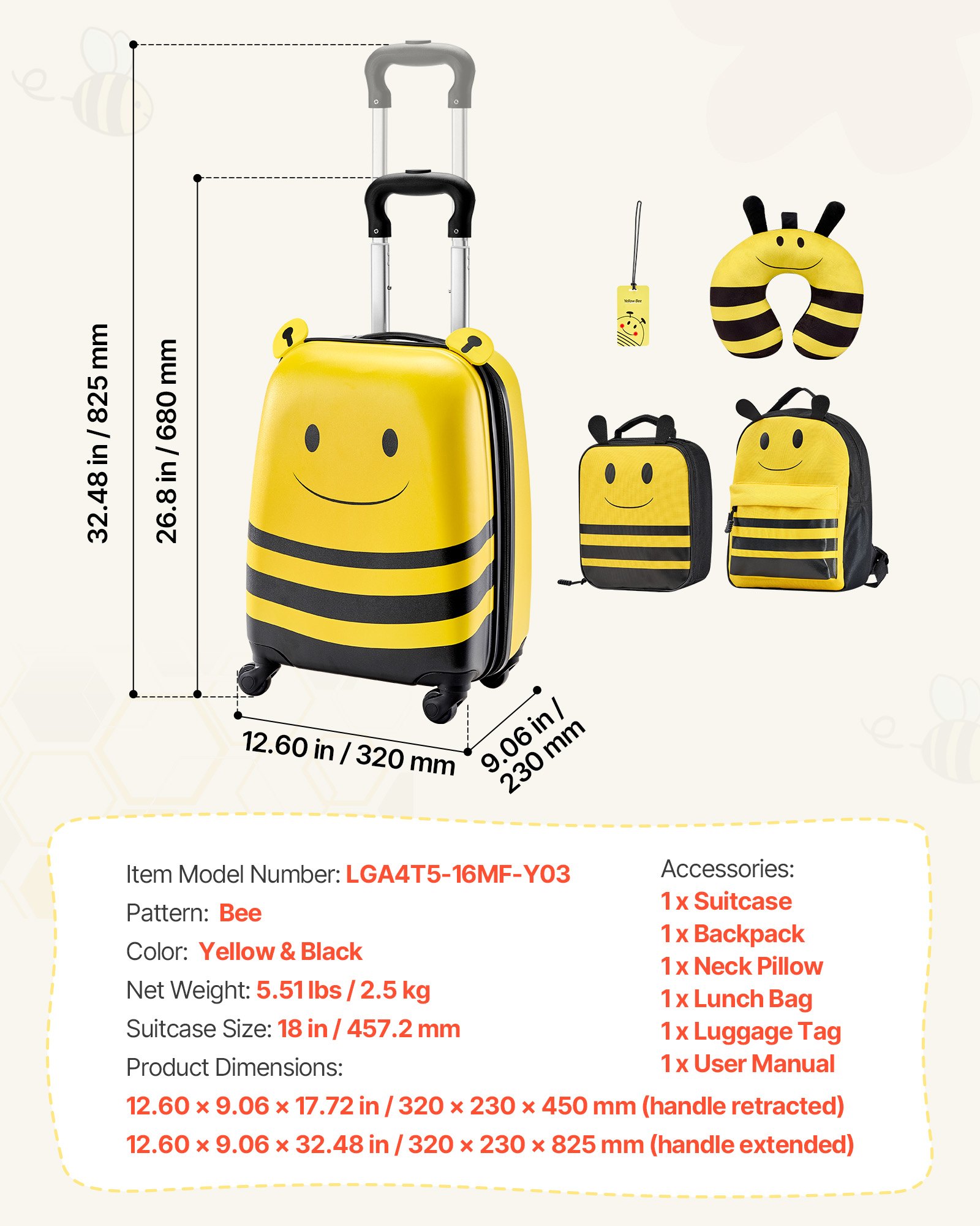 Kids Luggage Set, 5 Piece, 18 Inch Hardside Rolling Wheels Suitcase With Backpack & U-shape Pillow, Bee Kids Carry On Luggage Set, Holiday Birthday Gift For Girls Boys, Airline Approved