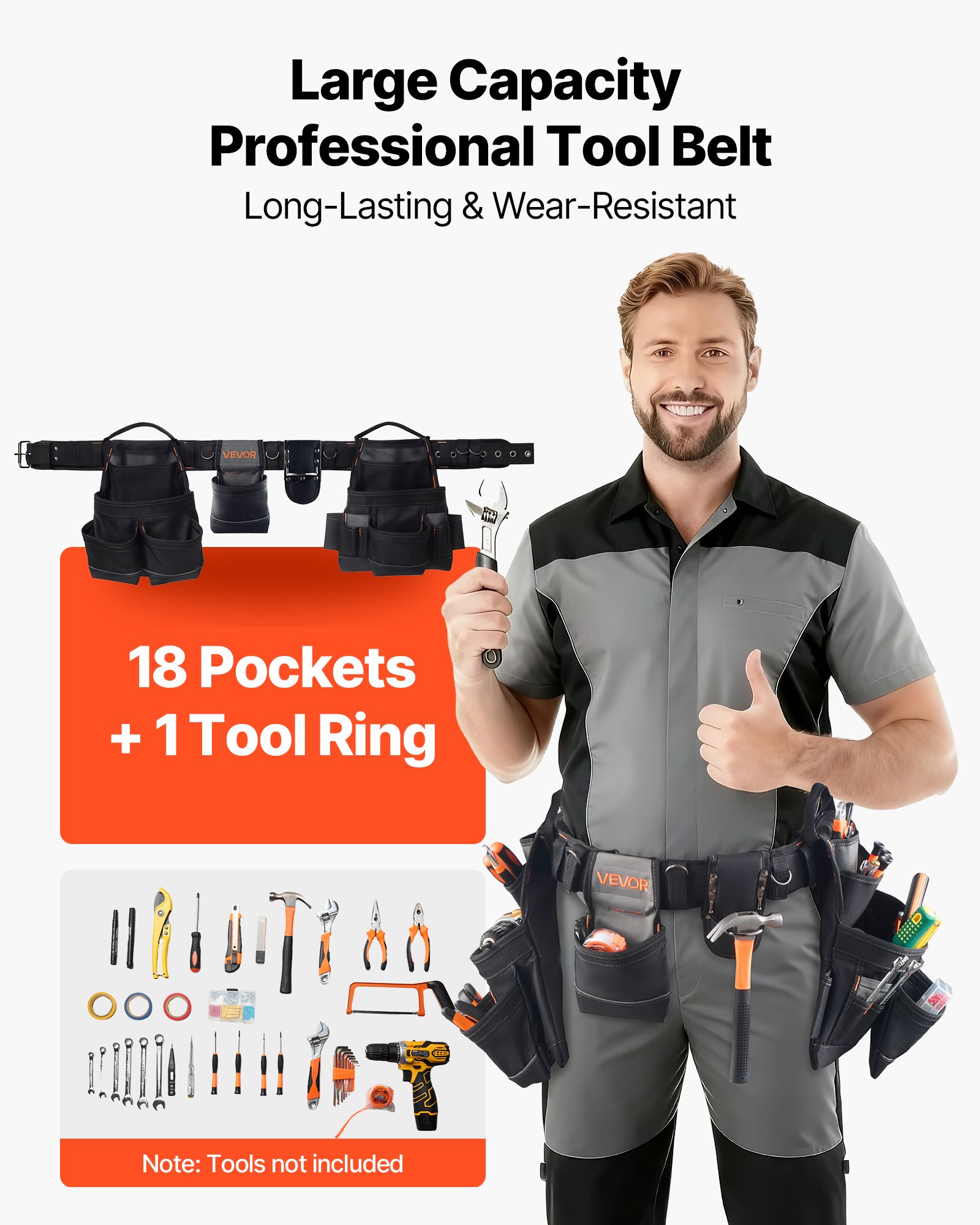 Tool Belt, 18 Pockets Professional Tool Pouch For Men, Heavy Duty Adjustable Utility Belt Detachable Work Bag For Electrician, Carpenter, Construction, Work Apron Organizer, Adjusts 31in To 51in