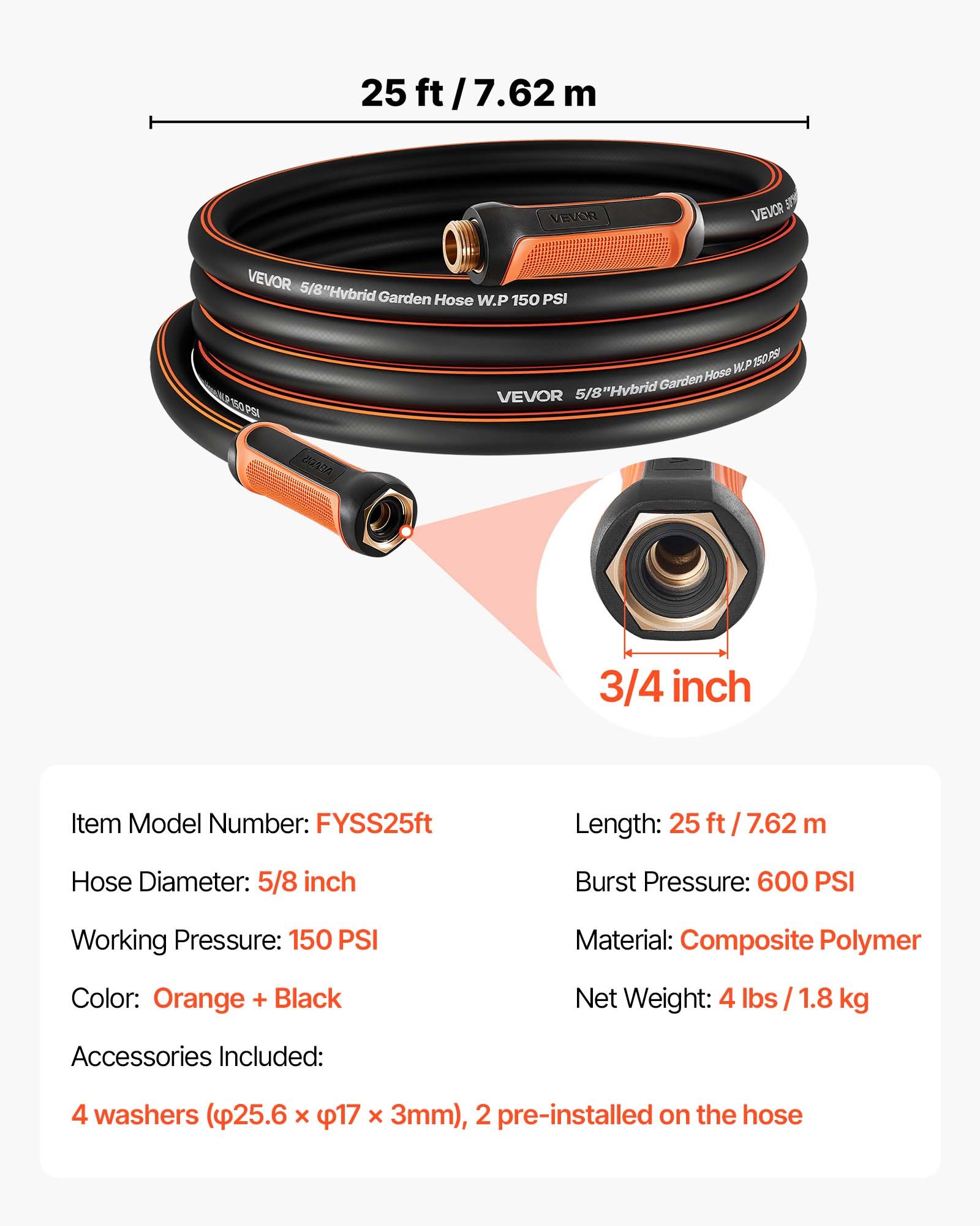 Garden Hose, 25 Ft 5-8in Heavy Duty 4-Layer Rubber Water Hose, 150PSI Working & 600PSI Burst, Flexible & Non-kink Outdoor Waterhose With 3-4in Fitting, Lightweight Hoses For Gardening Cleaning