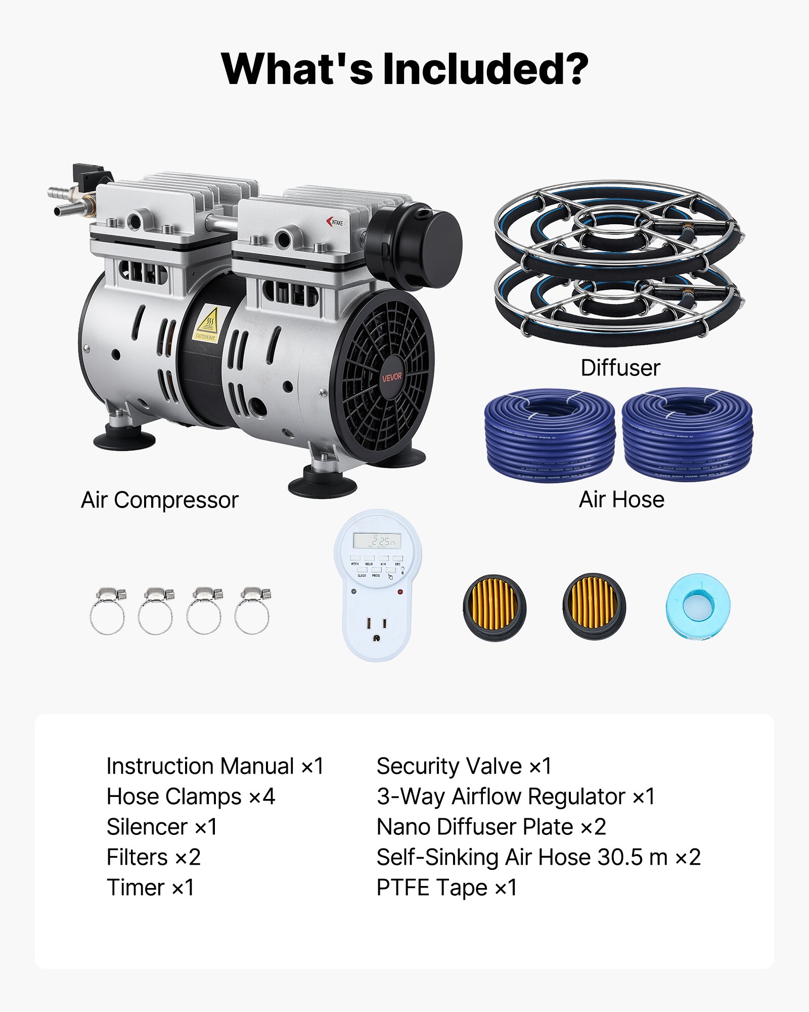 Pond Aerators, 5.2CFM Aeration System For Lake Up To 3 Acres, 3/4 HP Air Compressor, 2 Diffusesr & Two100' Weighted Tubings, Aeration Pump For Outdoor Ponds & Lakes Deep Water Oxygen Circulation