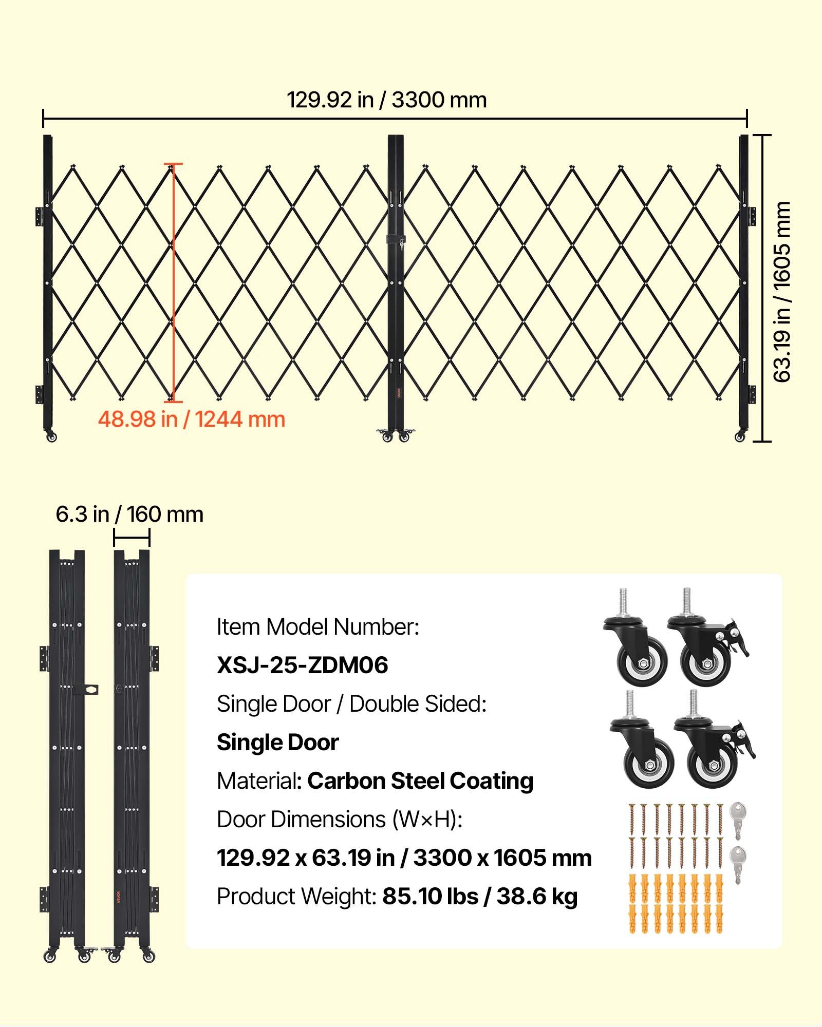 Double Folding Security Gate, Lockable Scissor Gate With 360° Swivel Casters, Outdoor Barricade Steel Retractable Gates, For Entry Security, Garage, Warehouse & Pool, 129.92 X 63.19 In (W X H)
