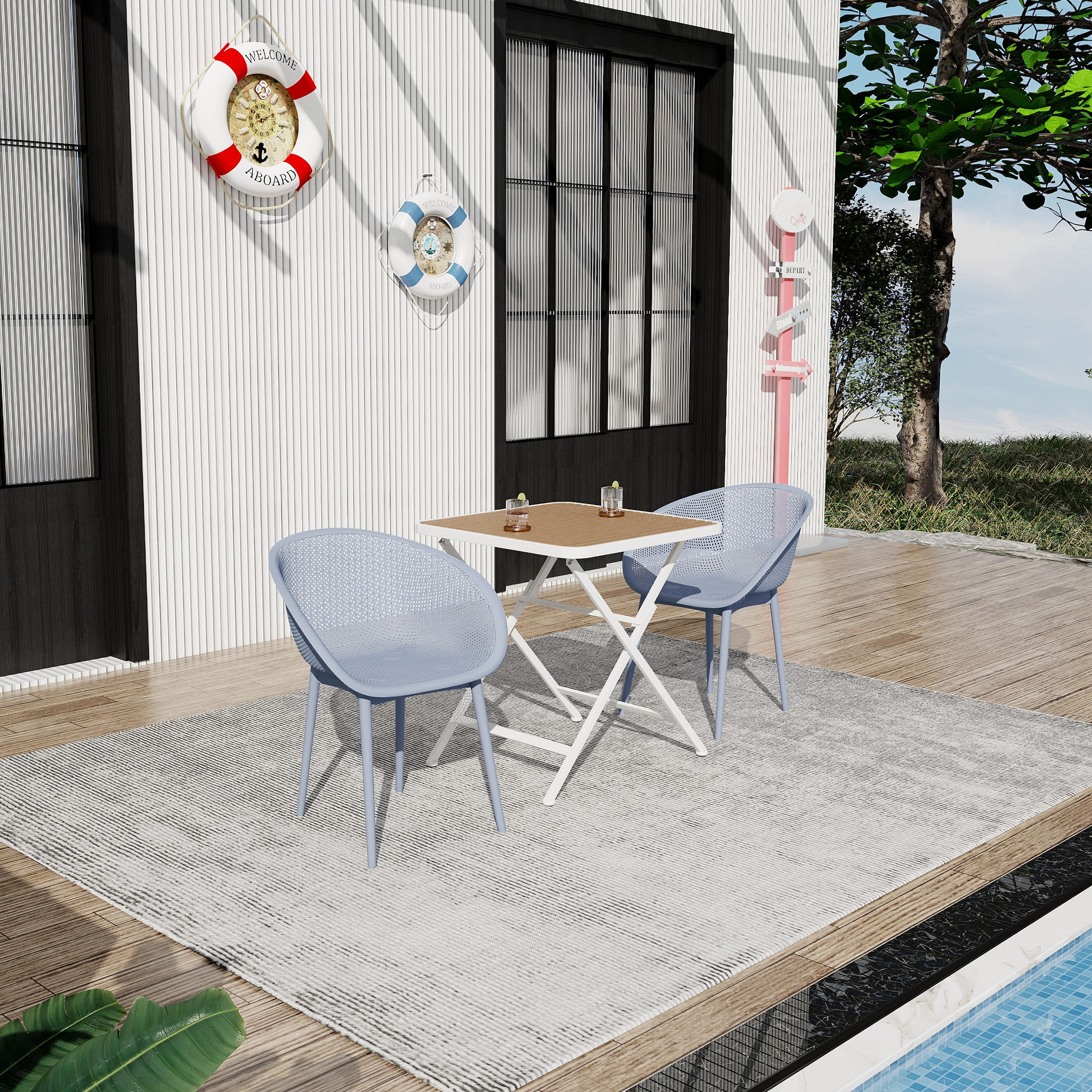 Holiday- 2-Pack Light Baby Blue Modern Lounge Chairs - Indoor Outdoor All-Weather PP Plastic With Modern Folding Indoor Outdoor Multi-functional Square Table- PP Tabletop With Metal Legs White, Khaki