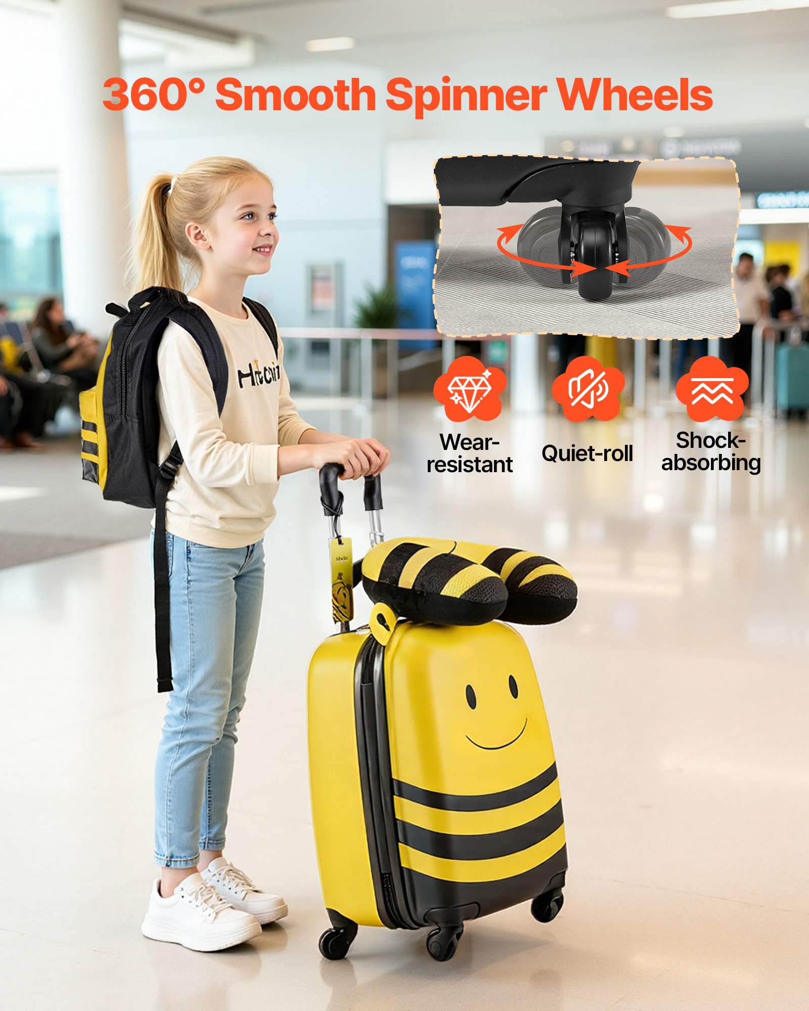 Kids Luggage Set, 5 Piece, 18 Inch Hardside Rolling Wheels Suitcase With Backpack & U-shape Pillow, Bee Kids Carry On Luggage Set, Holiday Birthday Gift For Girls Boys, Airline Approved