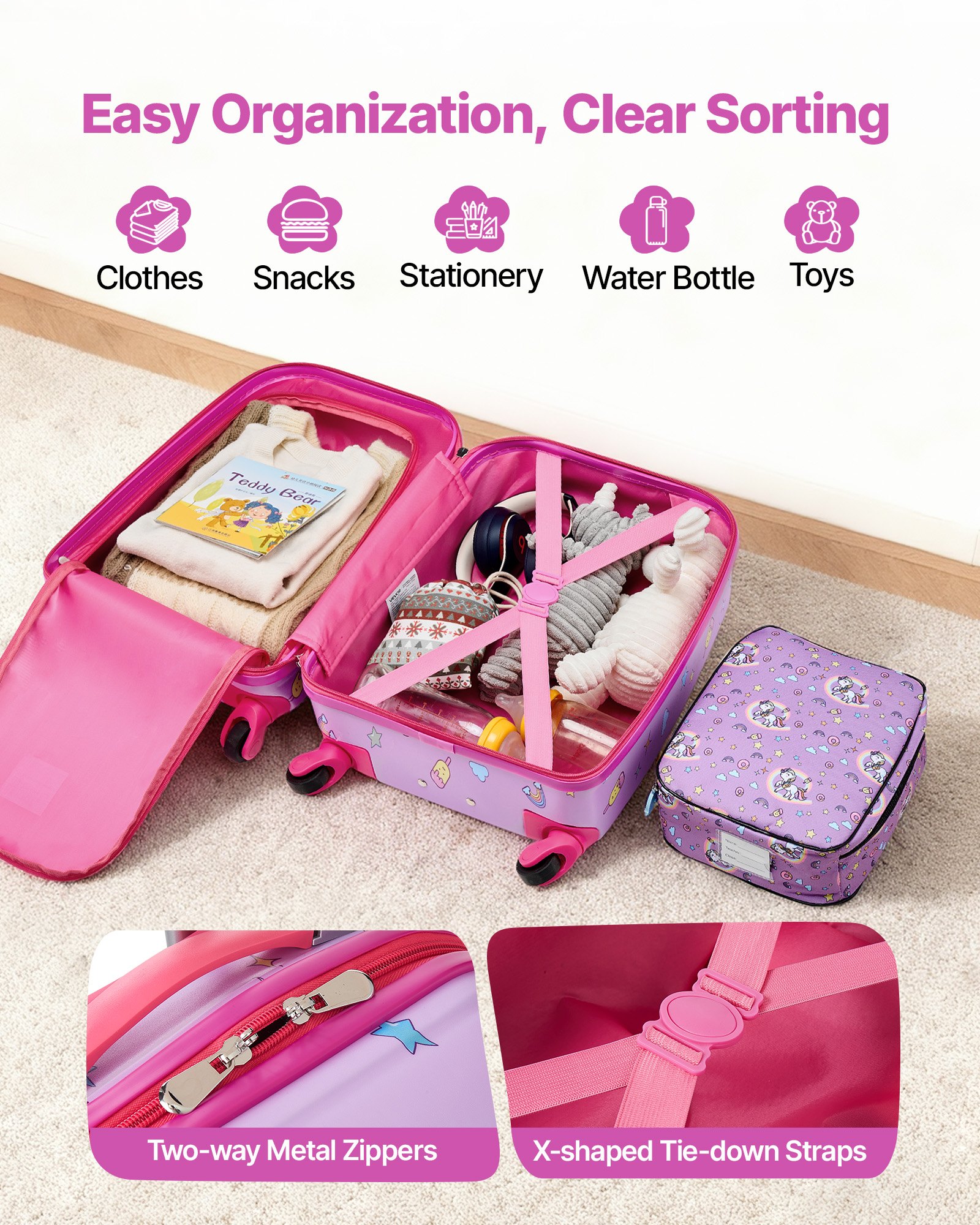 Kids Luggage Set, 5 Piece, 18 Inch Hardside Rolling Wheels Suitcase With Backpack & U-shape Pillow… image 3