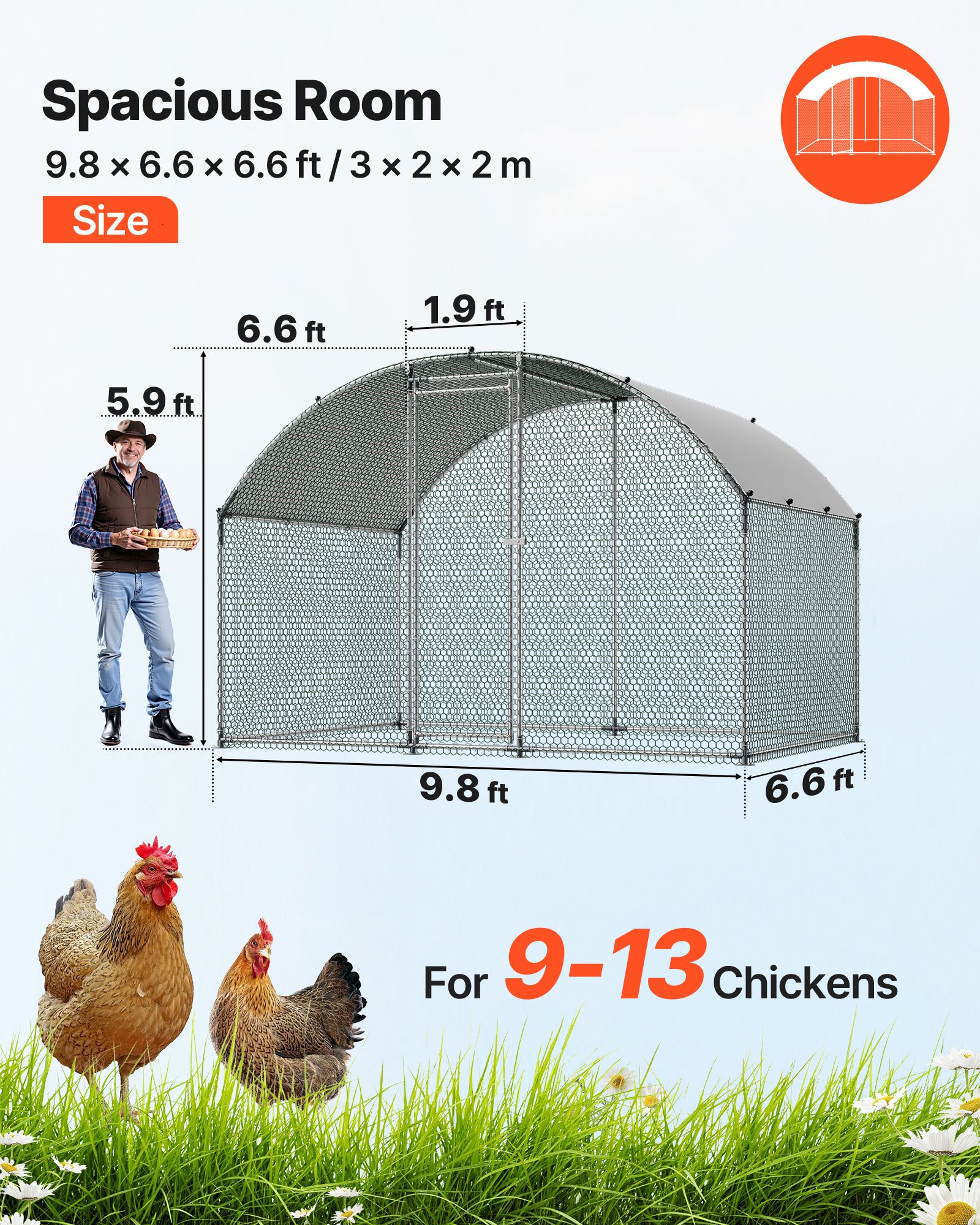 Metal Chicken Coop, 9.8x6.5x6.5ft Large Walk-in Chicken Runs With Cover, Doom Roof Hen House Enclosure With Security Lock, Outdoor Duck Rabbit Cage Poultry Pen For Backyard, Farm, Yard