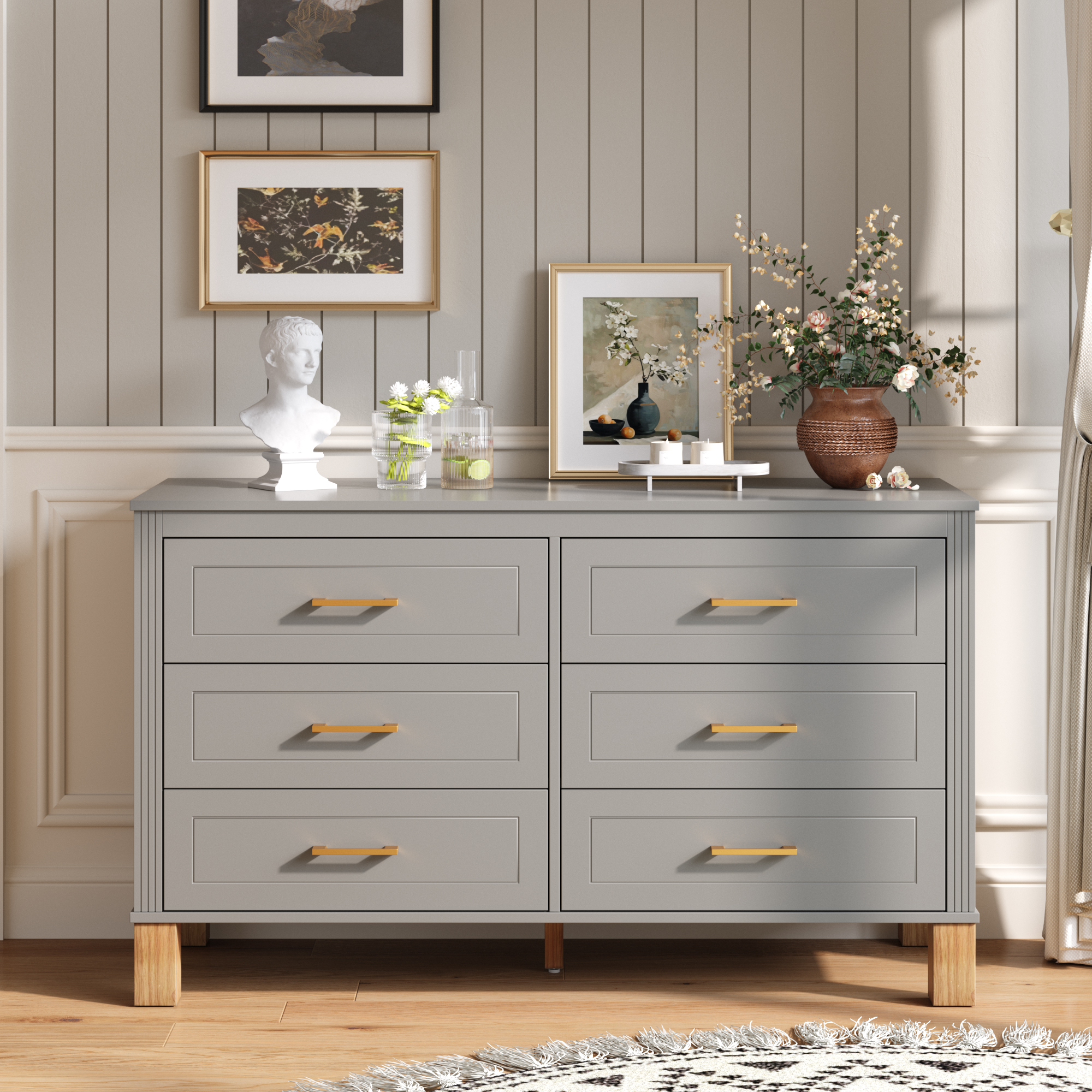 6-Drawer Double Dresser In Gray, Modern Storage Cabinet With Metal Handles & Solid Wood Legs, Dresser Drawer Organizer For Kids Bedroom, Heavy-Duty Wooden Dresser With Pre-Installed