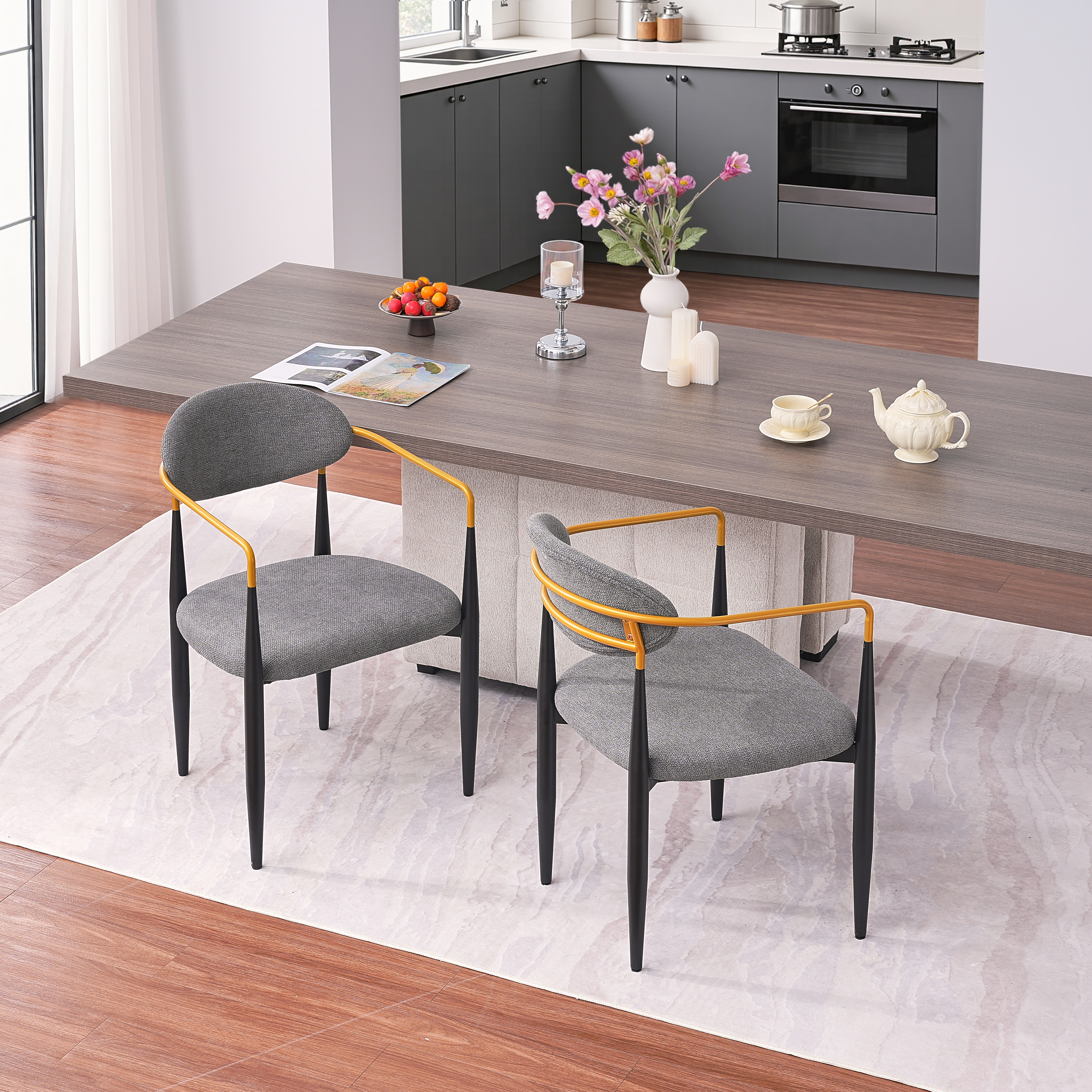 Modern Upholstered Dining Chair With Gold-Accented Armrests - 22W X 21D X 30H, Ergonomic Design For Home Dining Room Or Office Use,Set Of 2 - Grey Fabric Seat & Black Metal Frame