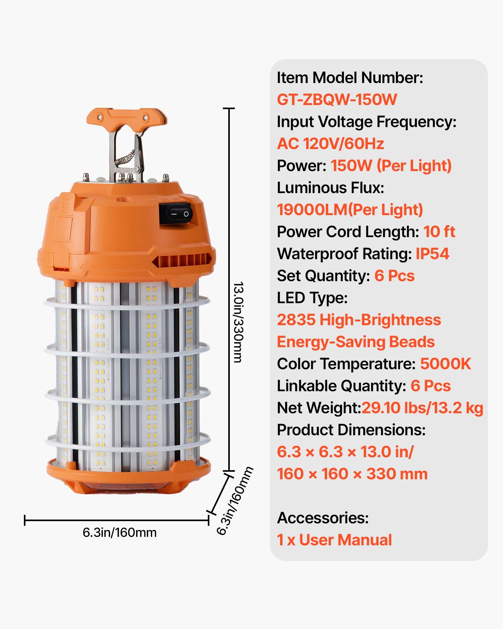 LED Temporary Work Light, 150W, 19000 Lm, 5000K Durable & Water-Resistant, Linkable Up To 6 Units, Ceiling Or Stand Job Site Illumination For Construction Sites, Workshops, Indoor & Outdoor Use