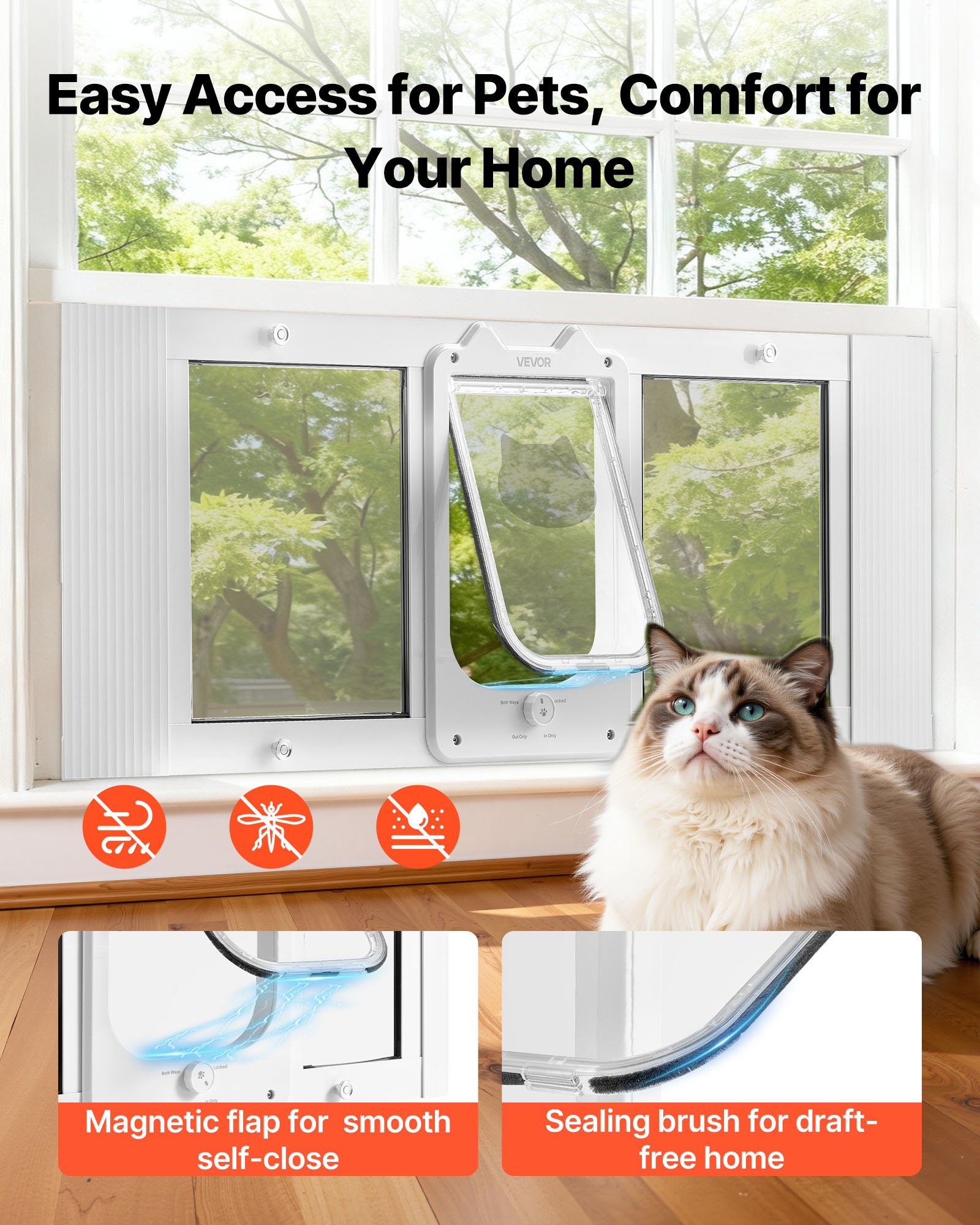 Cat Door For Window, Adjustable To Fit Window Width 35"-40", 4 Secure Lock Modes, Aluminum Frame And High-Transparency Glass, Magnetic Closure, Weatherproof Quick-Fit Pet Door For Cats, White