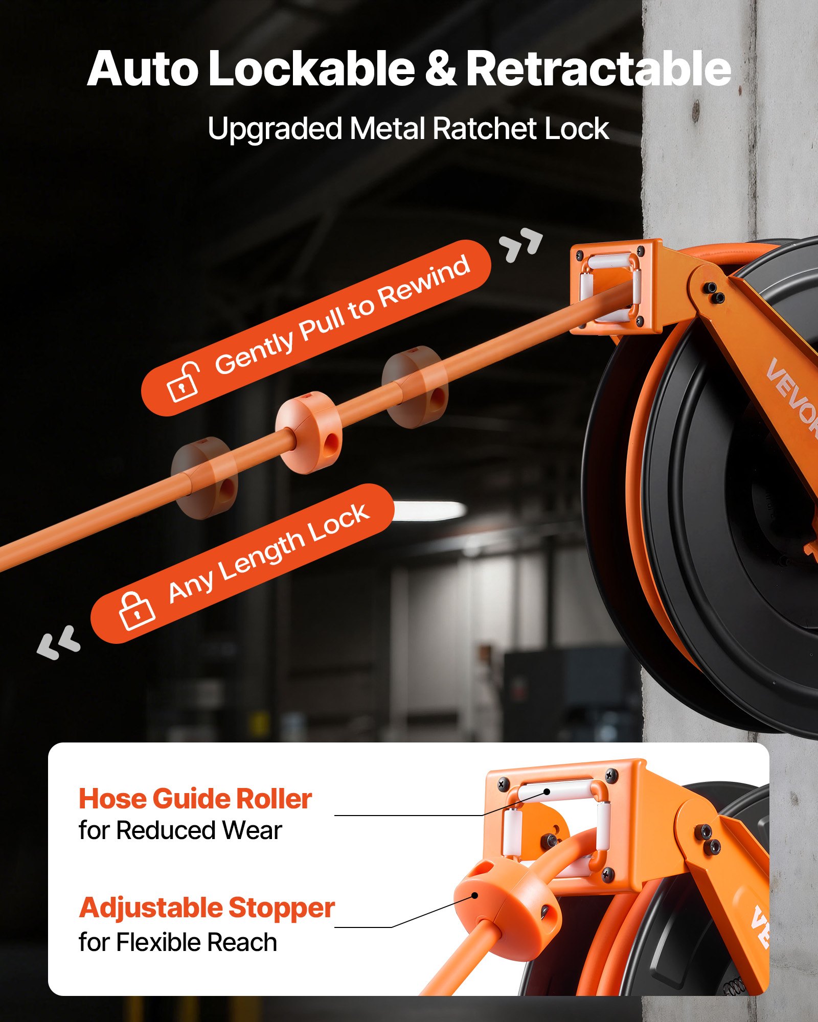 Retractable Air Hose Reel, 1/2 Inch X 50 FT Rubber Air Hose Max 300PSI, Auto Rewind Air-Compressor Hoses Reel With 5 Ft Lead In, Ceiling/Wall Mount Heavy Duty Steel Double Arm