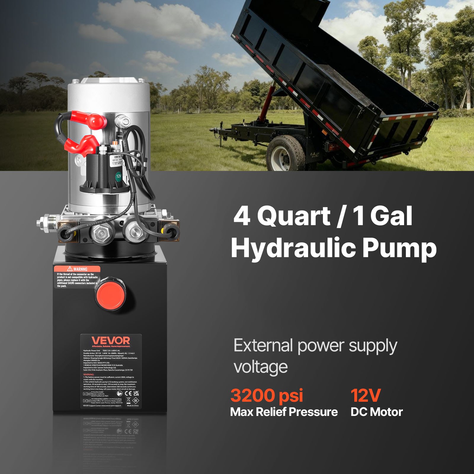 4 Quart Hydraulic Power Unit, Double Acting Dump Trailer Pump, 3200 PSI Max Relief Pressure & 0.91 GPM Flow Rate, DC 12V Hydraulic Pump With Metal Reservoir For Dump Trailer Car Lifting, Black