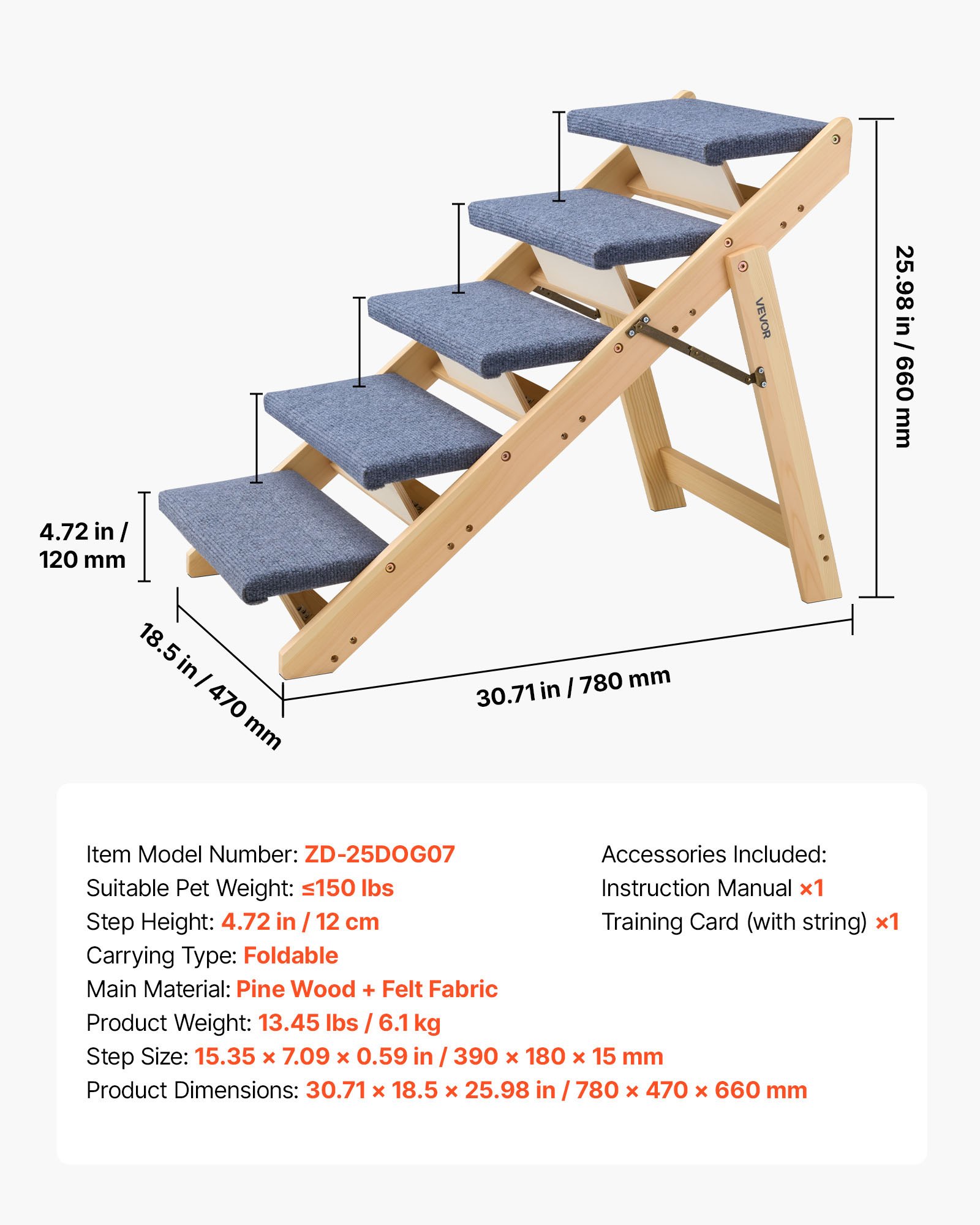 Wood Pet Stairs, 5-Step Dog Stairs For Beds, Sofa & Cars, 150lbs Load Capacity, Floded Flat Design, Stable & Sturdy Cat & Dog Step Ladder For Small Medium Large Older Pet Puppy Essentials