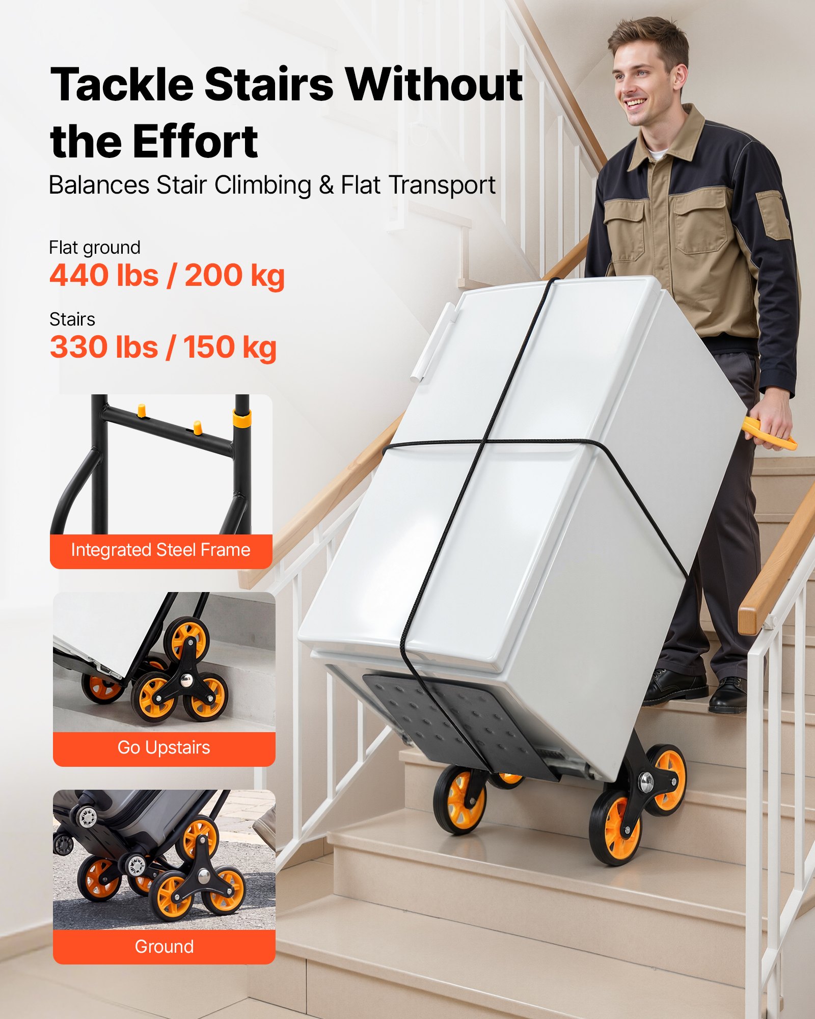 Stair Climbing Cart, 330 Lbs Stair-Climbing Capacity, Heavy-Duty Folding Trolley Cart With Telescoping Handle, 6 Wheels And 2 Bungee Cords, Stair Climber Dolly For Home, Groceries, Warehouse