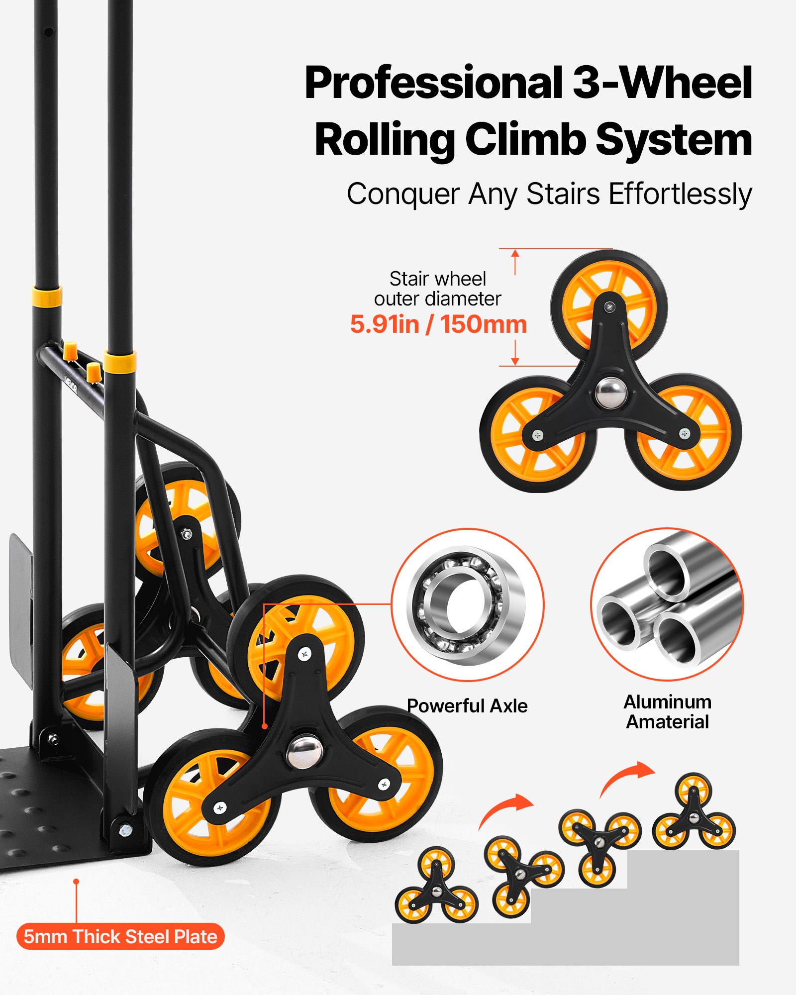 Stair Climbing Cart, 330 Lbs Stair-Climbing Capacity, Heavy-Duty Folding Trolley Cart With Telescoping Handle, 6 Wheels And 2 Bungee Cords, Stair Climber Dolly For Home, Groceries, Warehouse