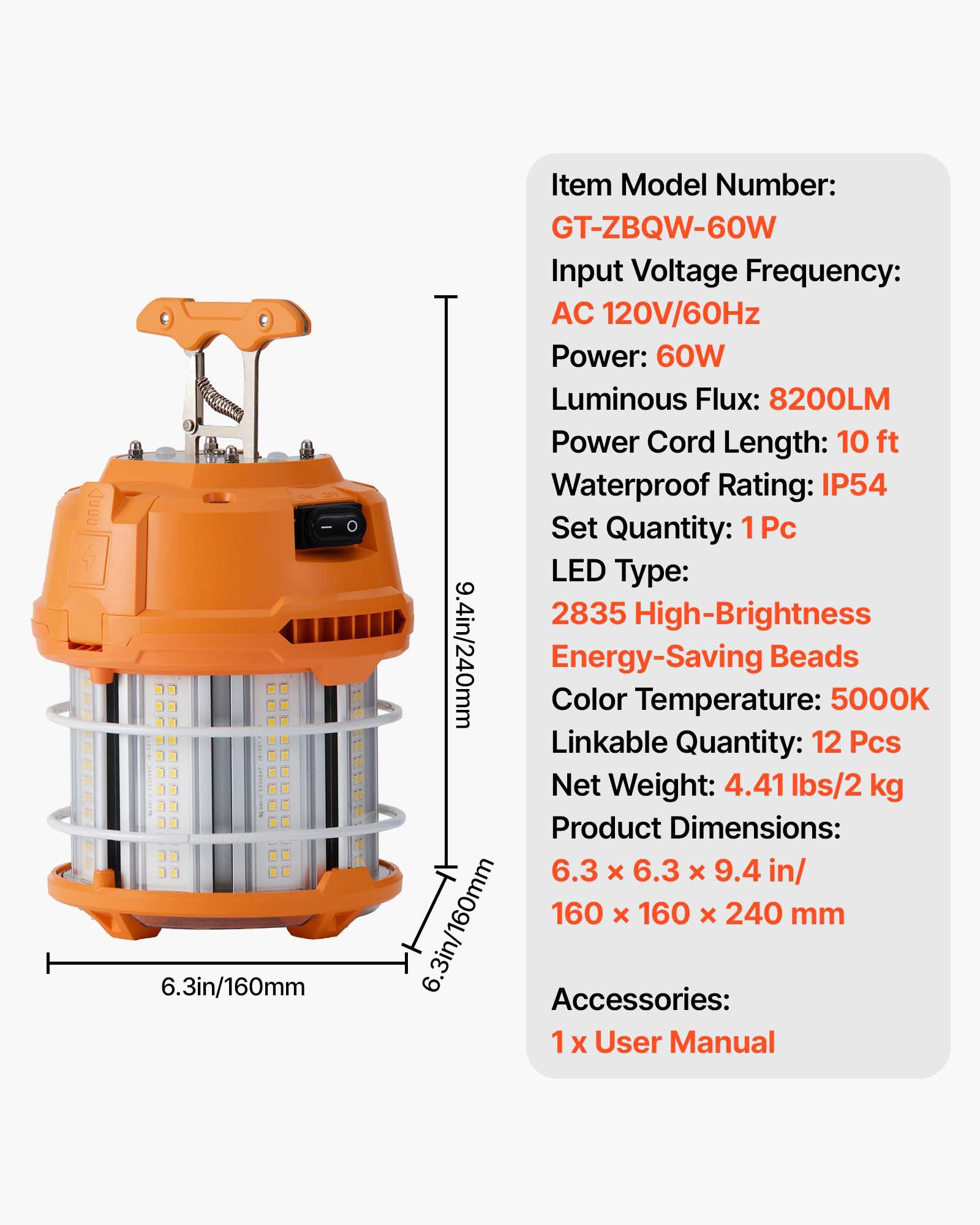 LED Temporary Work Light, 60W, 8200 Lm, 5000K Durable & Water-Resistant, Linkable Up To 12 Units, Ceiling Or Stand Job Site Illumination For Construction Sites, Workshops, Indoor & Outdoor Use