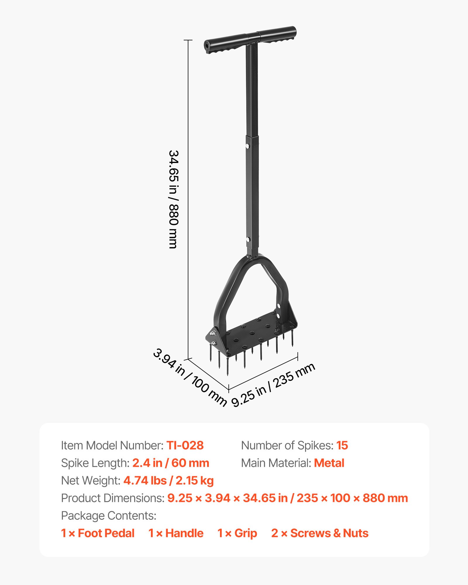 Lawn Aerator, 9.2 In Manual Core Aerator Tool With 15 Iron Spikes, Long Handle & Wide Plate, Heavy Duty Grass Aeration Tool, Yard Aerators For Compacted Hardened Soil Lawn Aeration
