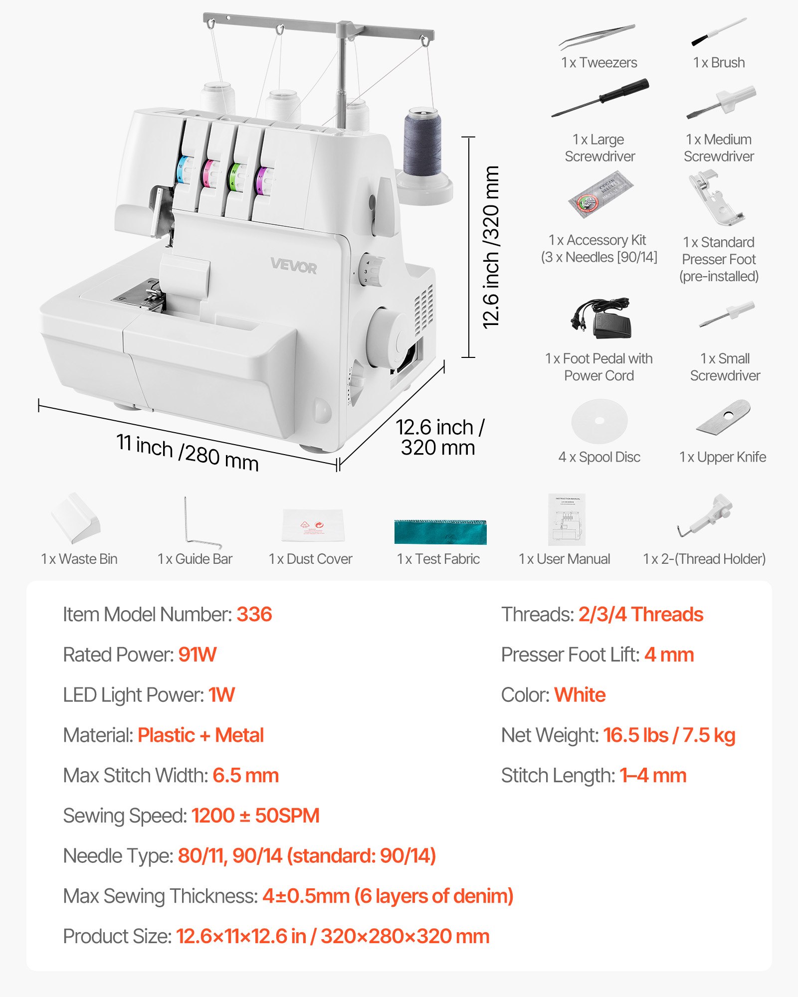 Serger Overlock Sewing Machine, 1250 Stitches Per Minute, 2-3-4 Thread Capability, 0.7-2 Adjustable Differential Feed, With Free Arm And LED Light, Sewing Machine For Various Fabrics, White