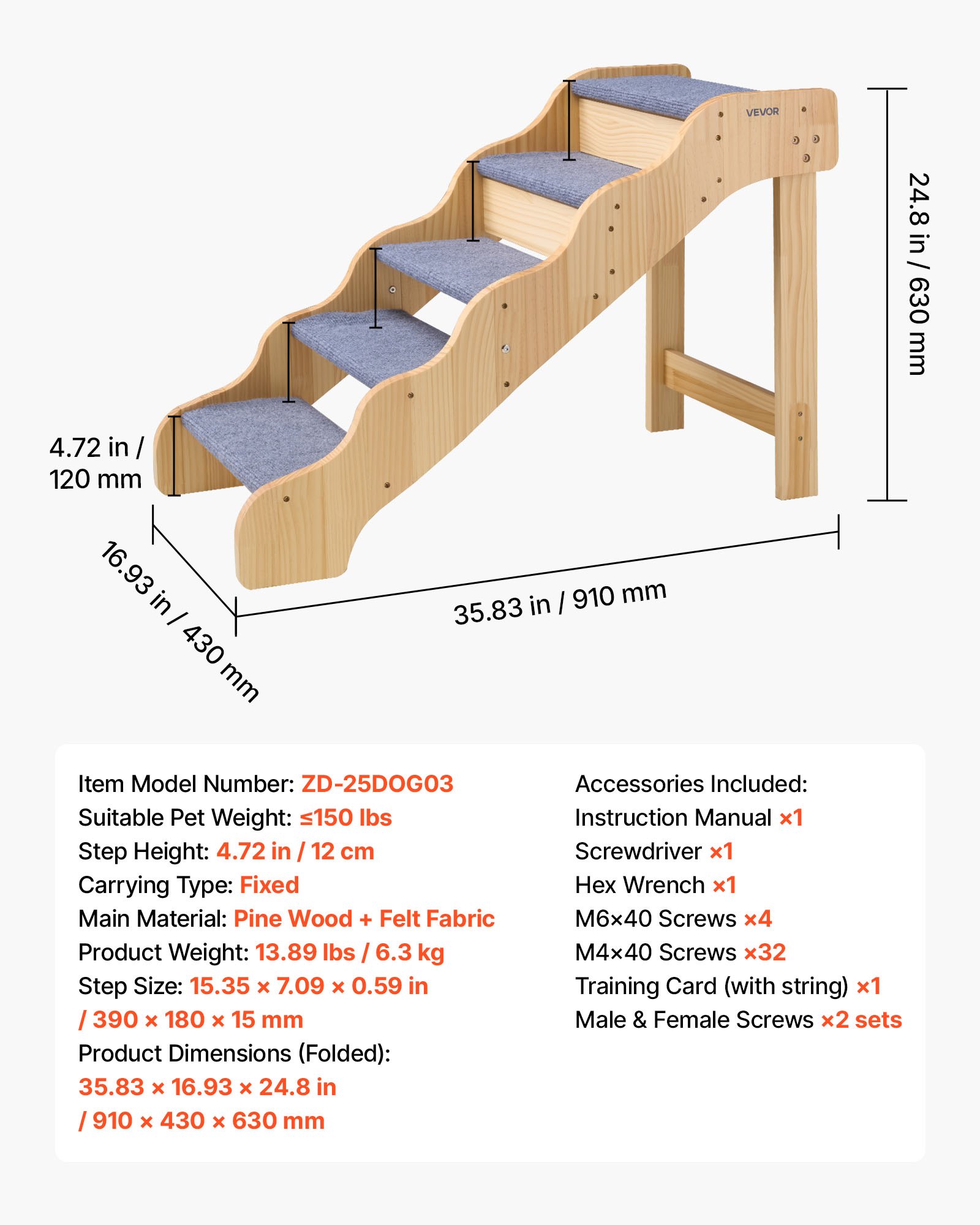 Wood Pet Stairs, 5-Step Dog Stairs For High Beds, Sofa & Cars, 150lbs Load Capacity, Non-Slip Surface, Stable Cat & Dog Step Ladder For Small Medium Large Older Pet Puppy Essentials