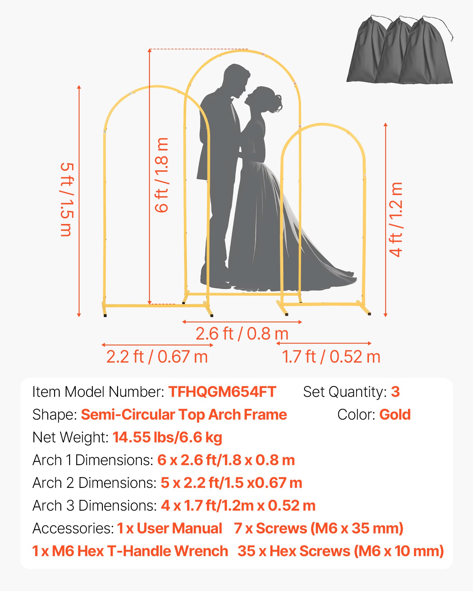 Arch Backdrop Stand, Set Of 3, 6/5/4 Ft, Stable Structure, Easy Assembly, Gold Metal Arch Backdrop Stand For Wedding, Birthday Party, Graduation, Holiday Celebration, And Ceremony Decoration