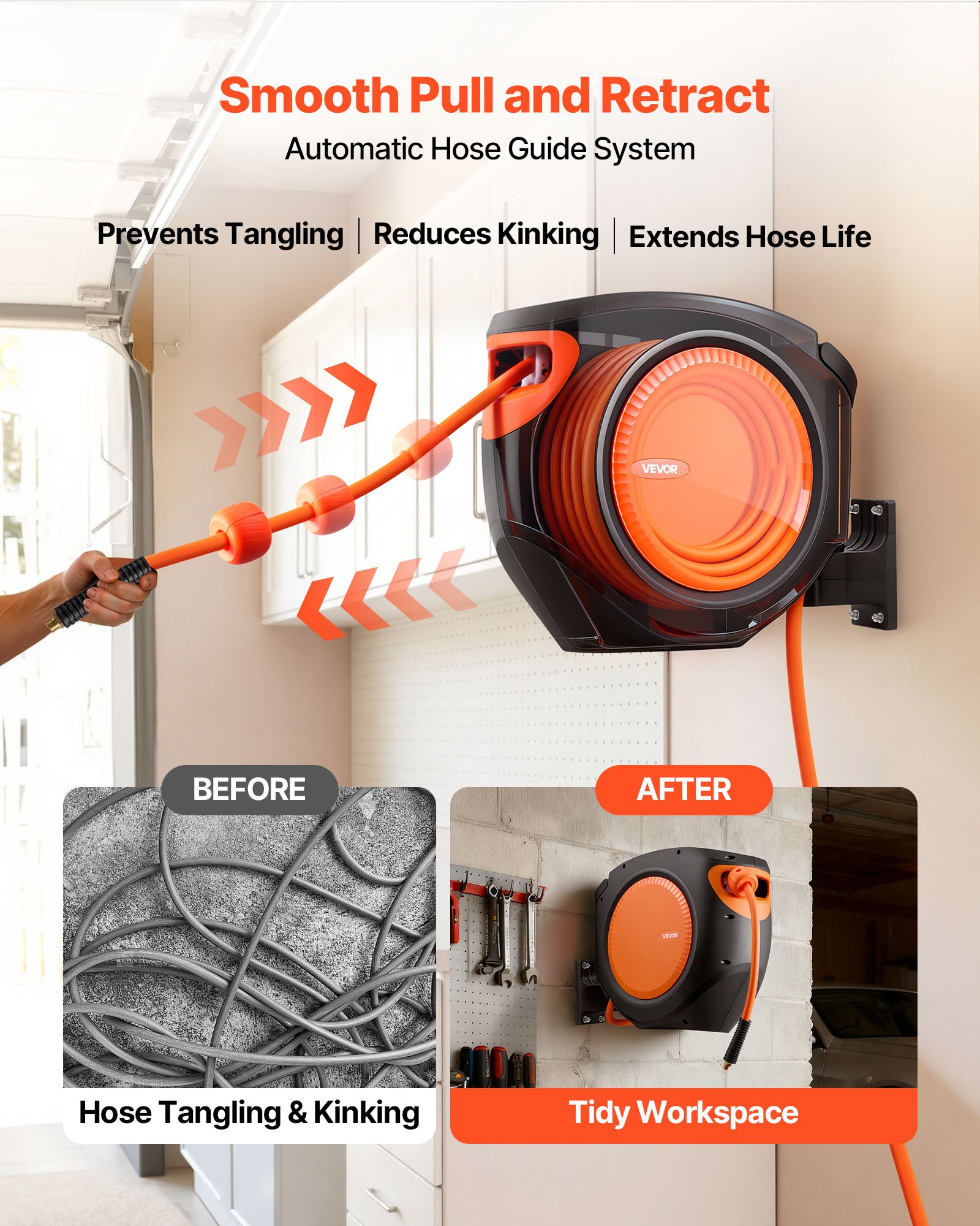 Retractable Air Hose Reel, 3/8 Inch X 80 FT Hybrid Air Hose Max 300PSI, Enclosed Air-Compressor Hoses Reel Auto Rewind With 6.6 Ft Lead In, 180° Swivel Ceiling/Wall Mount For Workshops