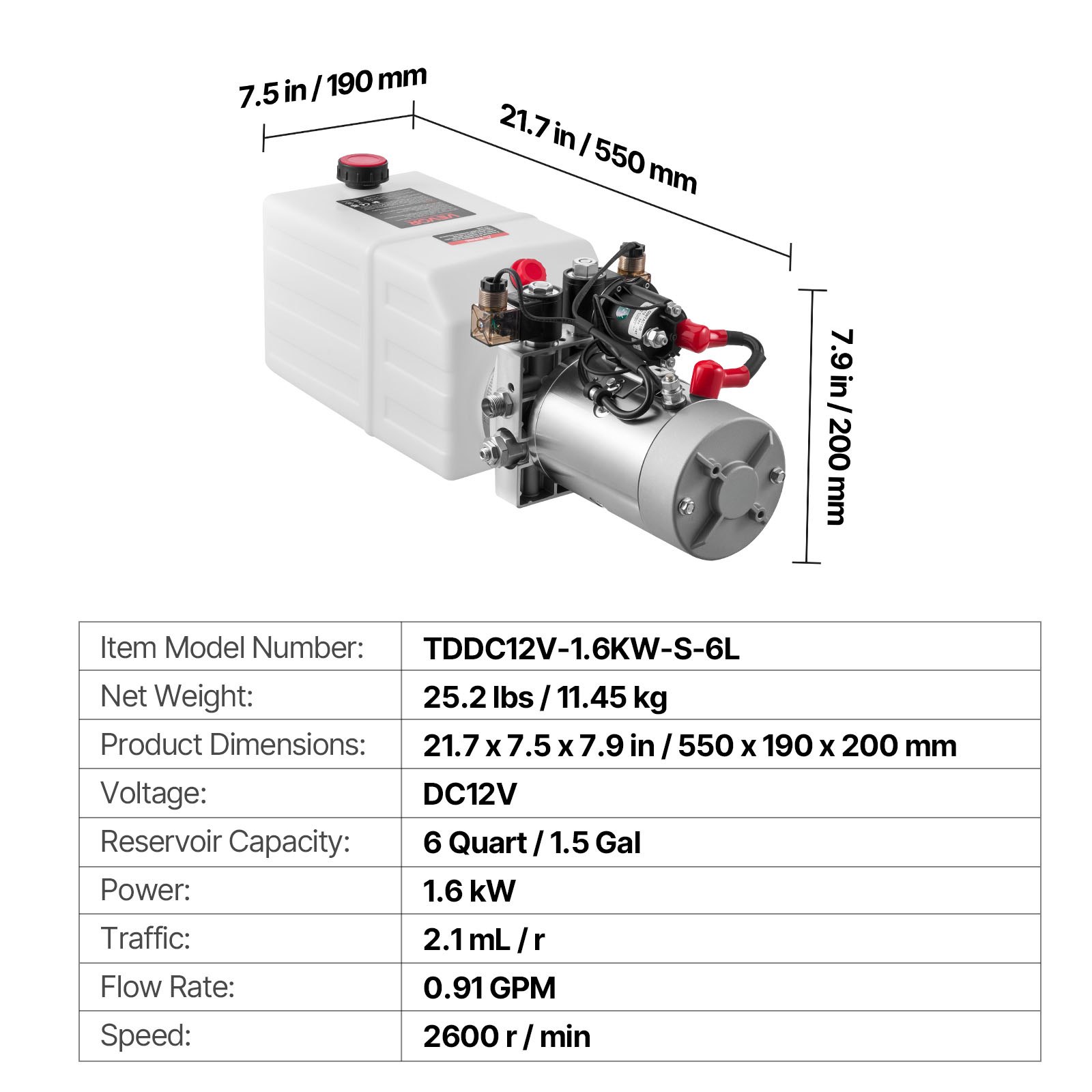 6 Quart Hydraulic Power Unit, Double Acting Dump Trailer Pump, 3200 PSI Max Relief Pressure & 0.91 GPM Flow Rate, DC 12V Hydraulic Pump With Metal Reservoir For Dump Trailer Car Lifting