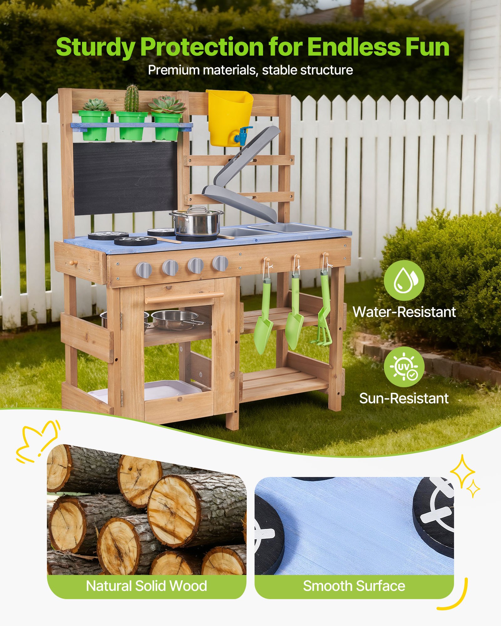 Mud Kitchen, Outdoor Mud Kitchen For Kids, Wood Outdoor Play Kitchens With Stoves, Hooks, Sinks, Planting Shovels, Spatulas, Handle, Cookware Pots And Accessories, Play With Water And Sand