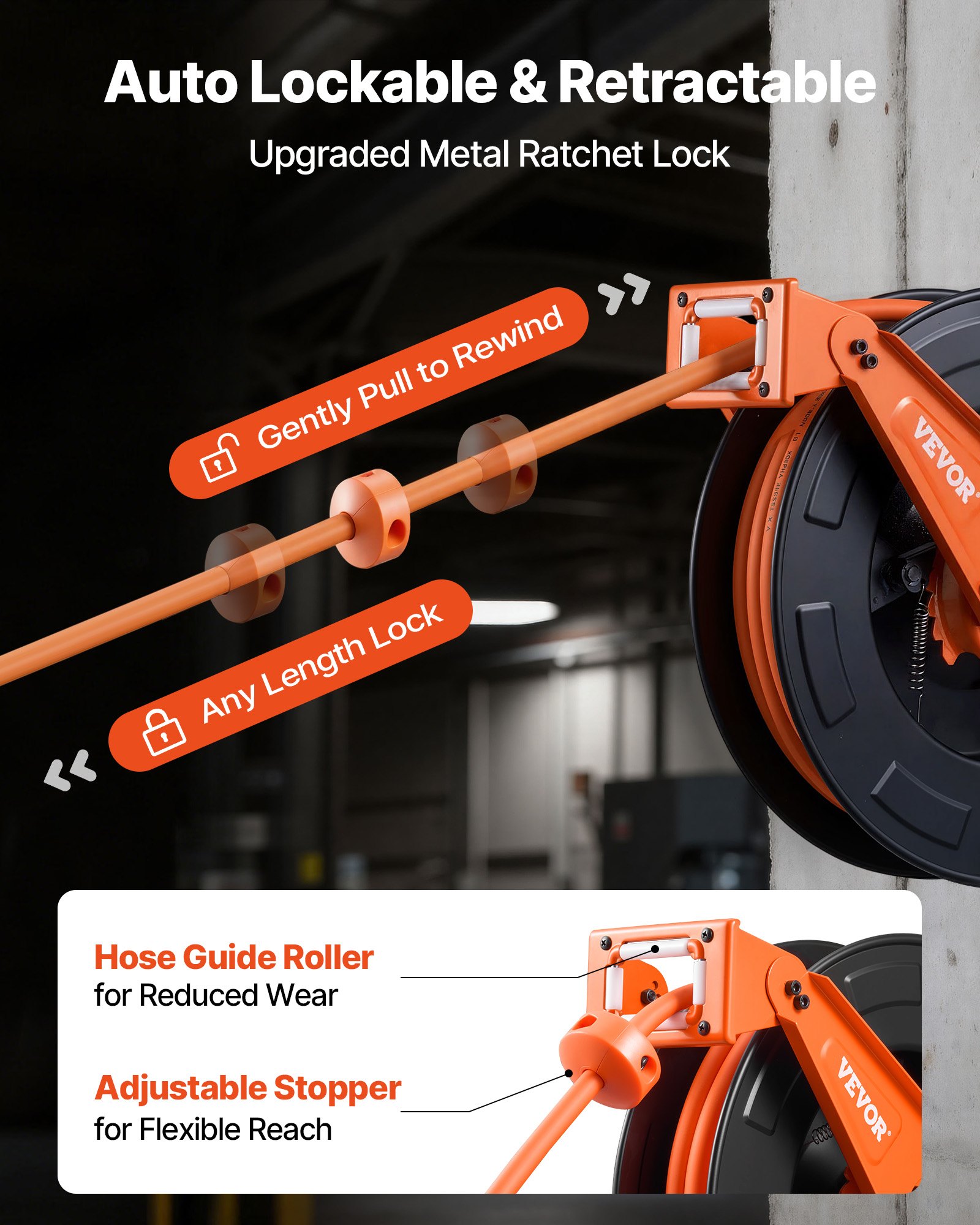 Retractable Air Hose Reel, 3/8 Inch X 50 FT Rubber Air Hose Max 300PSI, Auto Rewind Air-Compressor Hoses Reel With 5 Ft Lead In, Ceiling/Wall Mount Heavy Duty Steel Double Arm