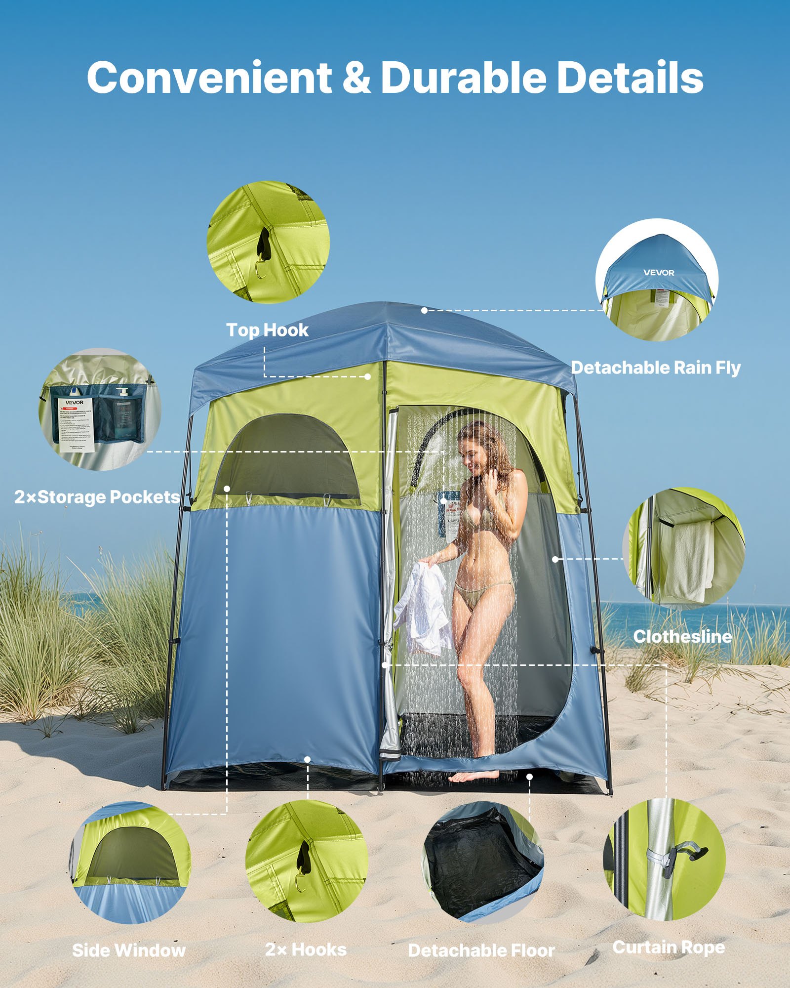 Camping Shower Tent, 2-Room Portable Privacy Tent Changing Room With Shower Bag, Ground Stakes, Ropes, Carry Bag, And Support Poles, 150D Oxford Fabric With Silver Coating, For Camping, Fishing