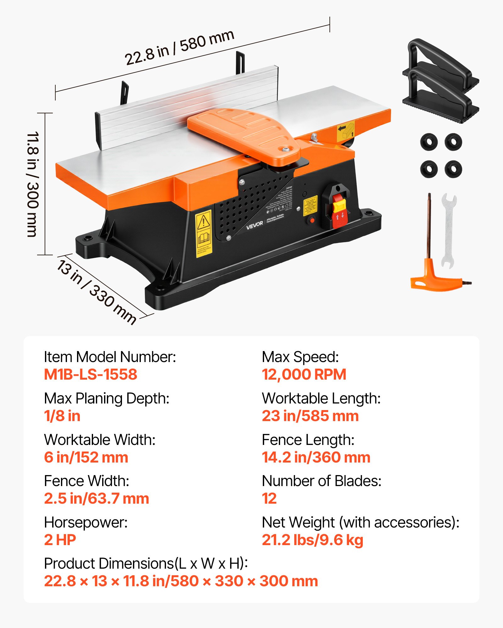 Spiral Benchtop Jointer, 6 In, 2 HP 12000 RPM Bench Top Wood Jointer, With 12-Blade Spiral Cutterhead, Up To 1/8 In Depth, Adjustable Fence, 6 X 23 In Cast Aluminum Table, For Woodworking DIY