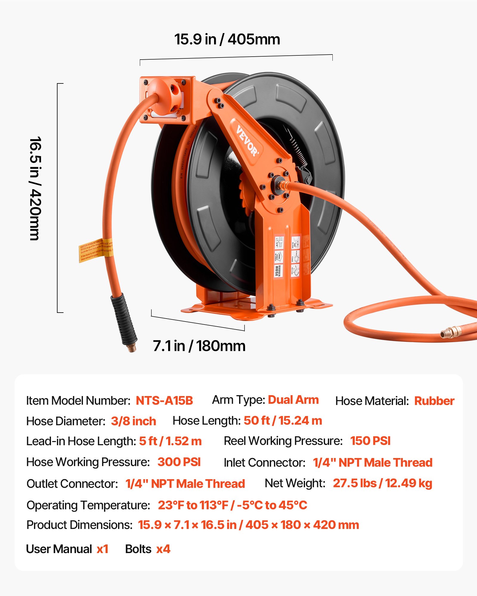 Retractable Air Hose Reel, 3/8 Inch X 50 FT Rubber Air Hose Max 300PSI, Auto Rewind Air-Compressor Hoses Reel With 5 Ft Lead In, Ceiling/Wall Mount Heavy Duty Steel Double Arm