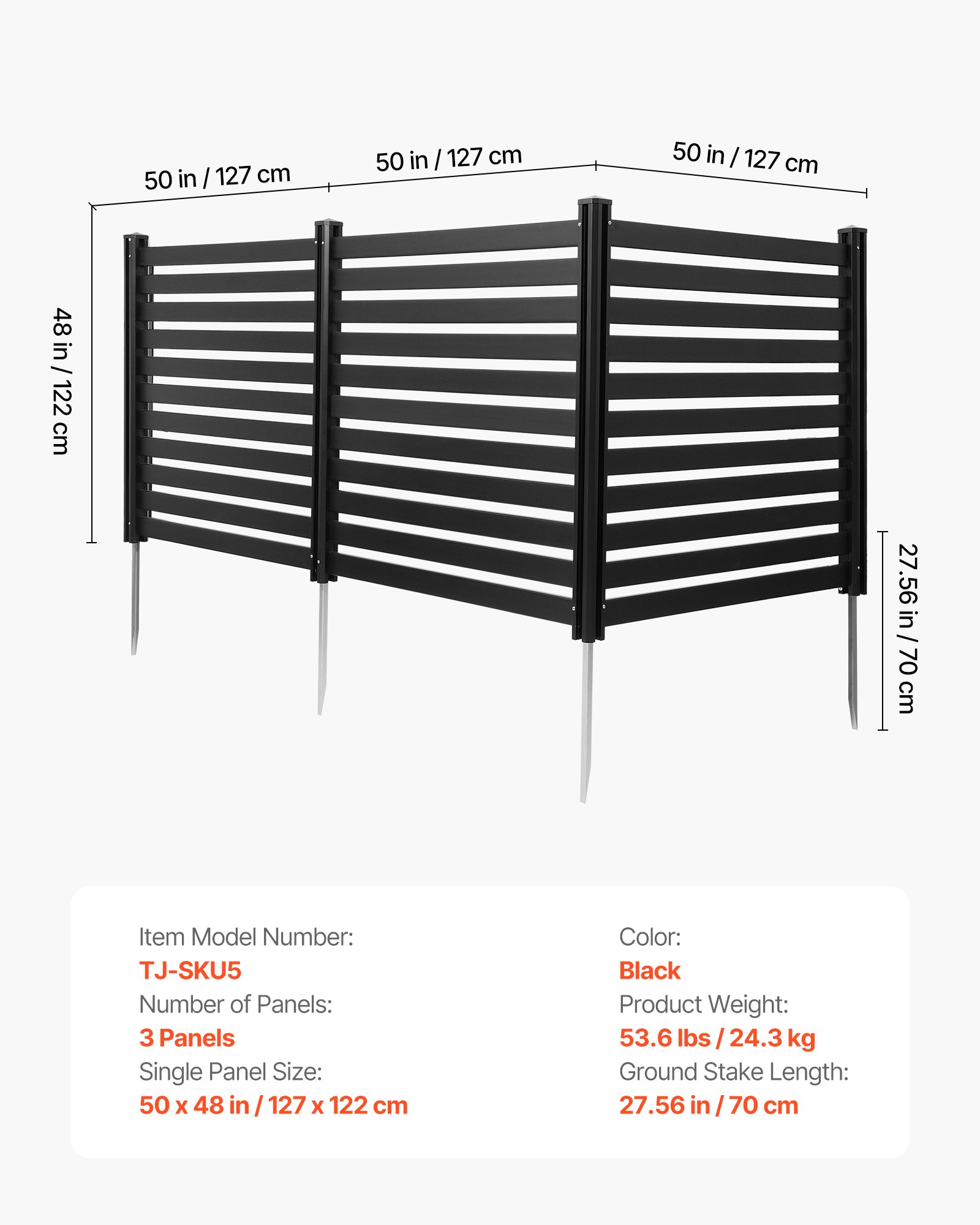 3 Panels Outdoor Privacy Screen, 50 X 48 In Air Conditioner Fence With 27.6 In Ground Stakes, Pool Equipment Enclosure, Vinyl Privacy Fence, Ideal For Trash Can And A/C Units, Black