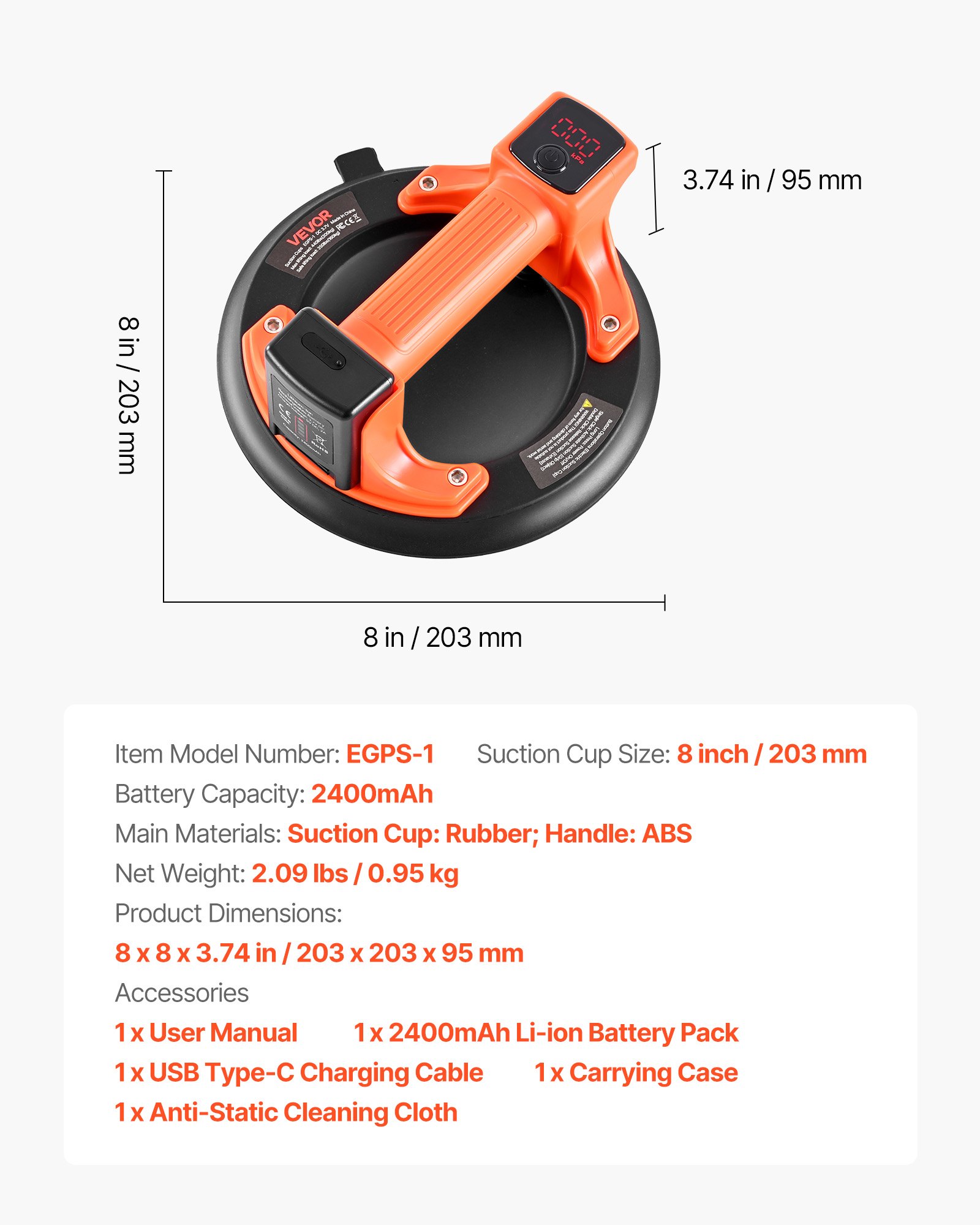 Electric Suction Cup, 8-Inch Vacuum Glass Lifter With Digital Display For Suction Power & Battery Level, 440 Lbs Max Lifting Capacity Tile Suction Cup Tool For Lifting Tile, Granite (1-Pack)