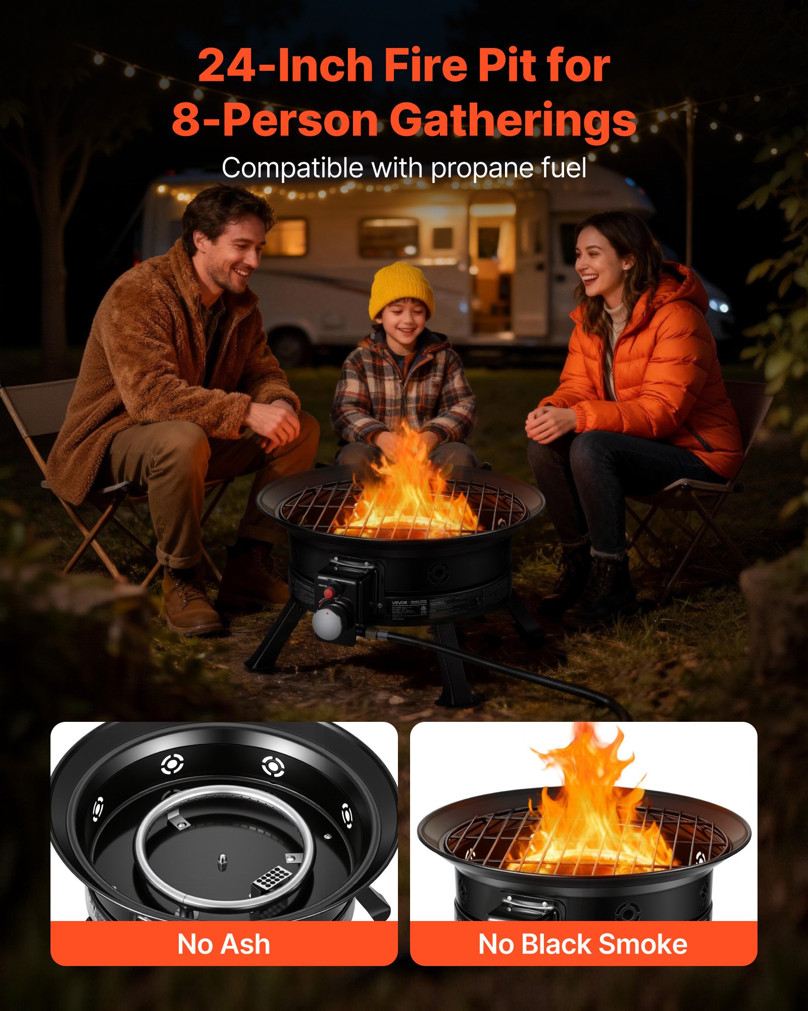 Propane Fire Pit 24-Inch, 53,000 BTU Portable Gas Fire Pit, With Grill Grate & Lava Rocks, Adjustable Flame, Folding Legs,Smokeless Outdoor Firebowl For Camping, Patio, Backyard, Deck, RV, Black