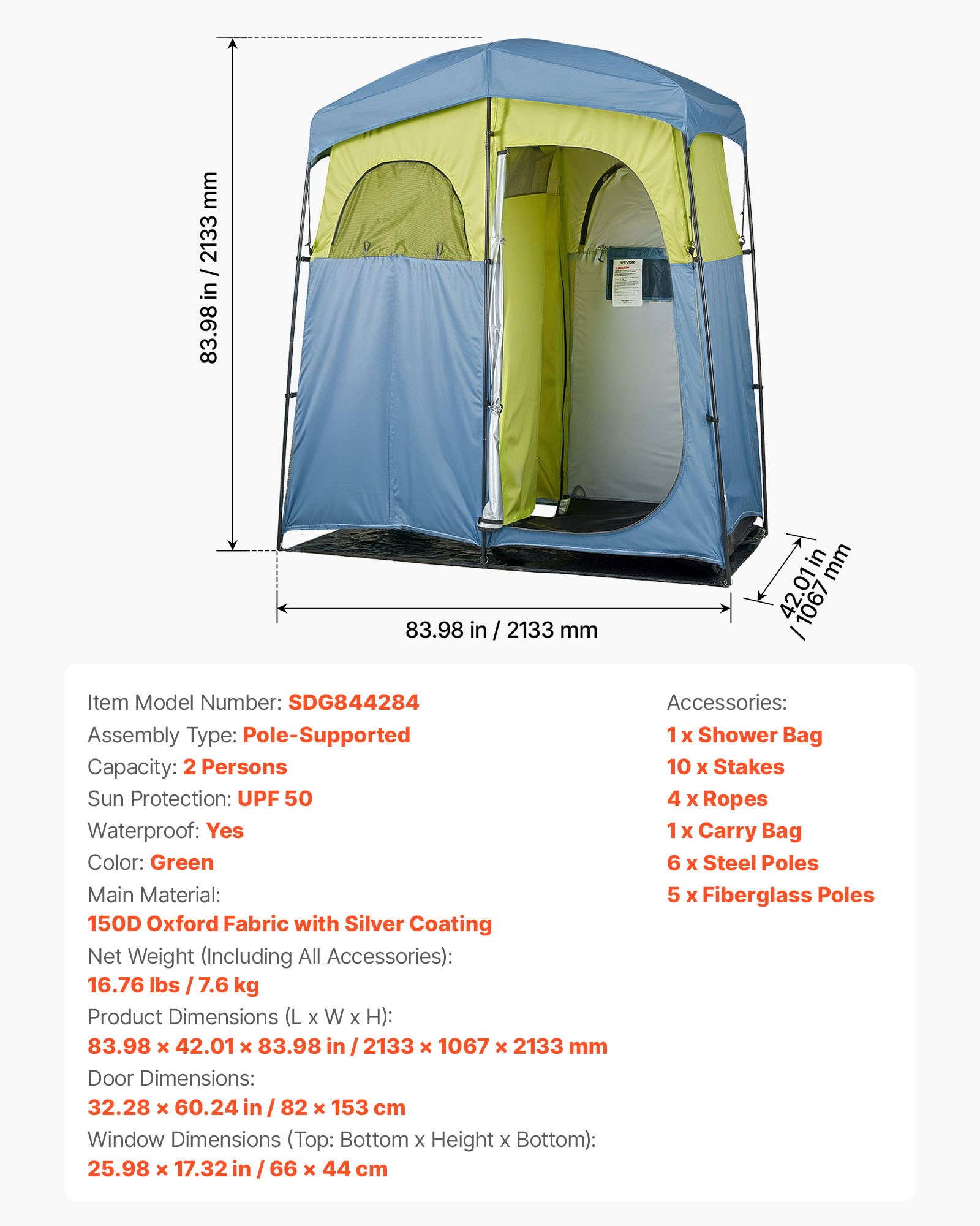 Camping Shower Tent, 2-Room Portable Privacy Tent Changing Room With Shower Bag, Ground Stakes, Ropes, Carry Bag, And Support Poles, 150D Oxford Fabric With Silver Coating, For Camping, Fishing
