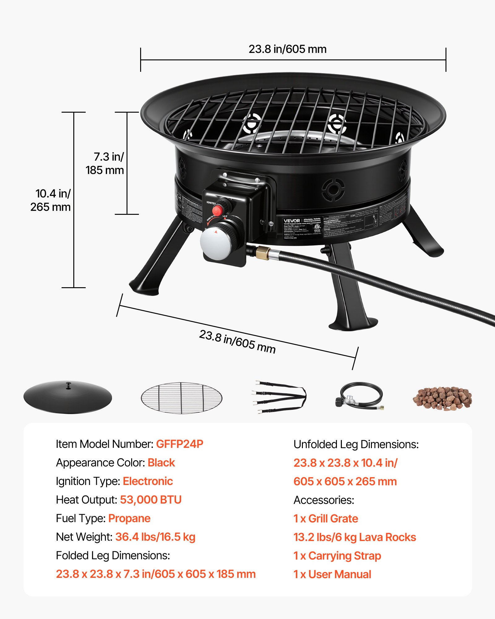 Propane Fire Pit 24-Inch, 53,000 BTU Portable Gas Fire Pit, With Grill Grate & Lava Rocks, Adjustable Flame, Folding Legs,Smokeless Outdoor Firebowl For Camping, Patio, Backyard, Deck, RV, Black