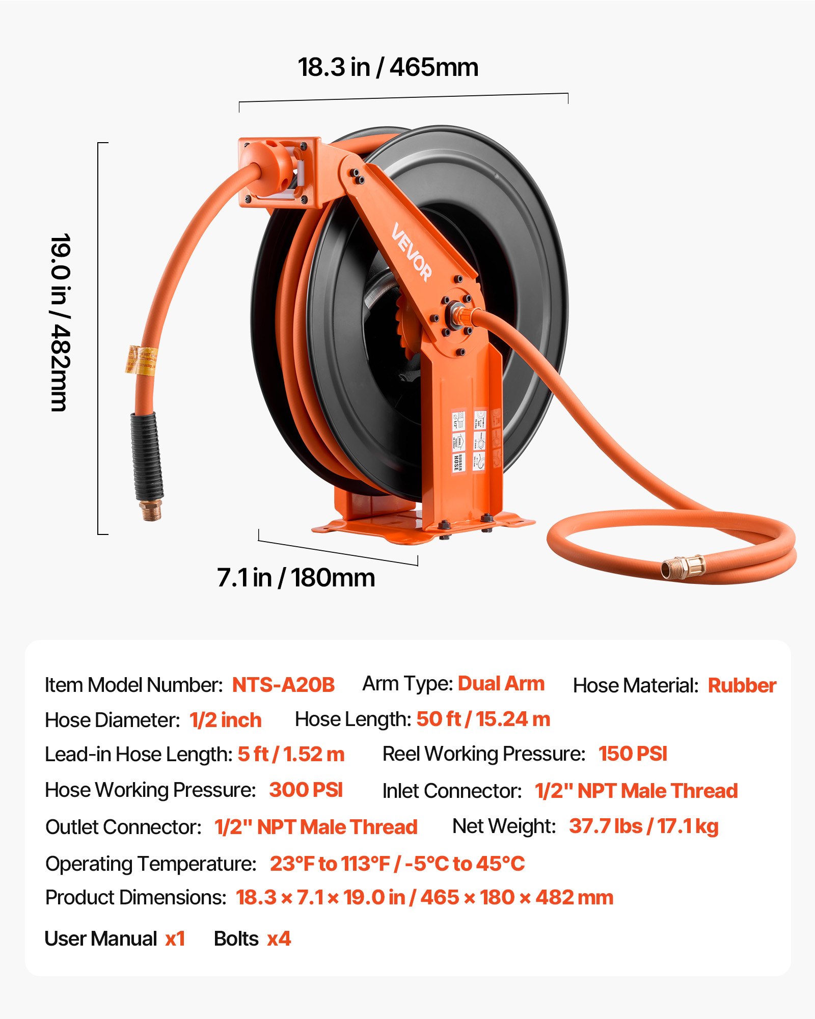Retractable Air Hose Reel, 1/2 Inch X 50 FT Rubber Air Hose Max 300PSI, Auto Rewind Air-Compressor Hoses Reel With 5 Ft Lead In, Ceiling/Wall Mount Heavy Duty Steel Double Arm