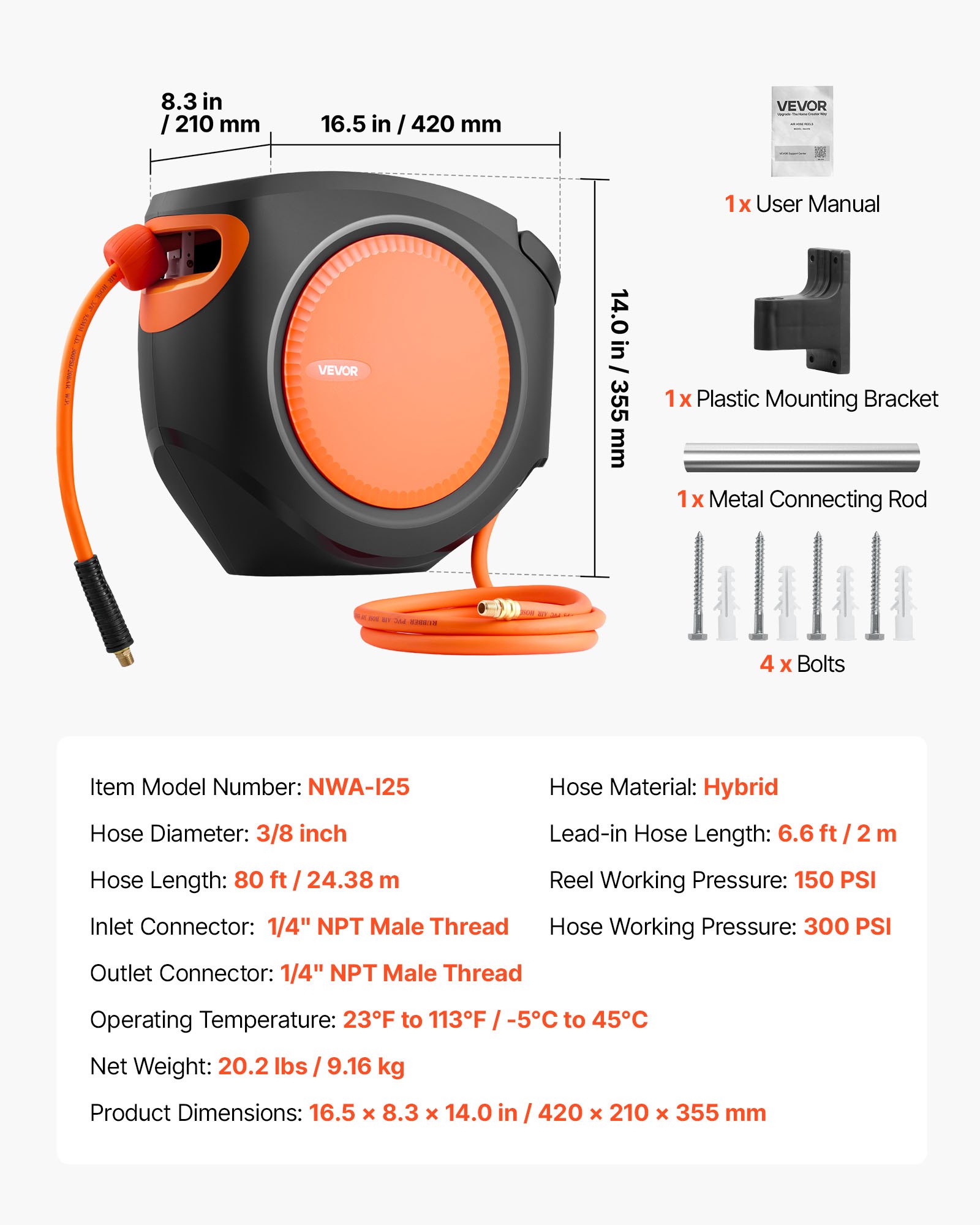 Retractable Air Hose Reel, 3/8 Inch X 80 FT Hybrid Air Hose Max 300PSI, Enclosed Air-Compressor Hoses Reel Auto Rewind With 6.6 Ft Lead In, 180° Swivel Ceiling/Wall Mount For Workshops