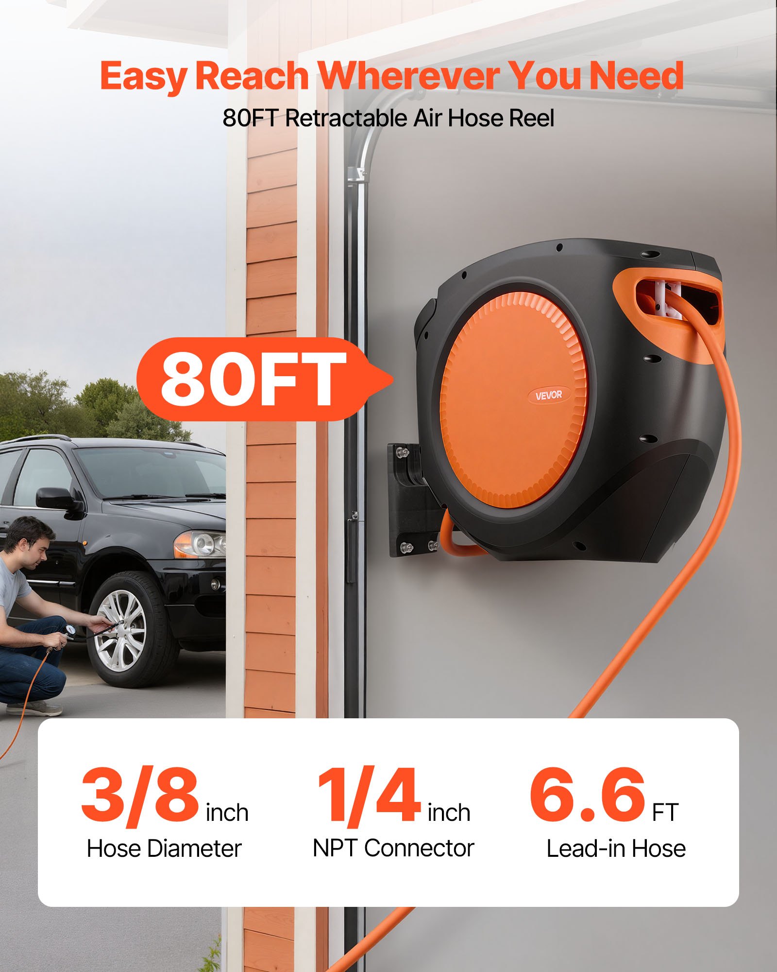 Retractable Air Hose Reel, 3/8 Inch X 80 FT Hybrid Air Hose Max 300PSI, Enclosed Air-Compressor Hoses Reel Auto Rewind With 6.6 Ft Lead In, 180° Swivel Ceiling/Wall Mount For Workshops