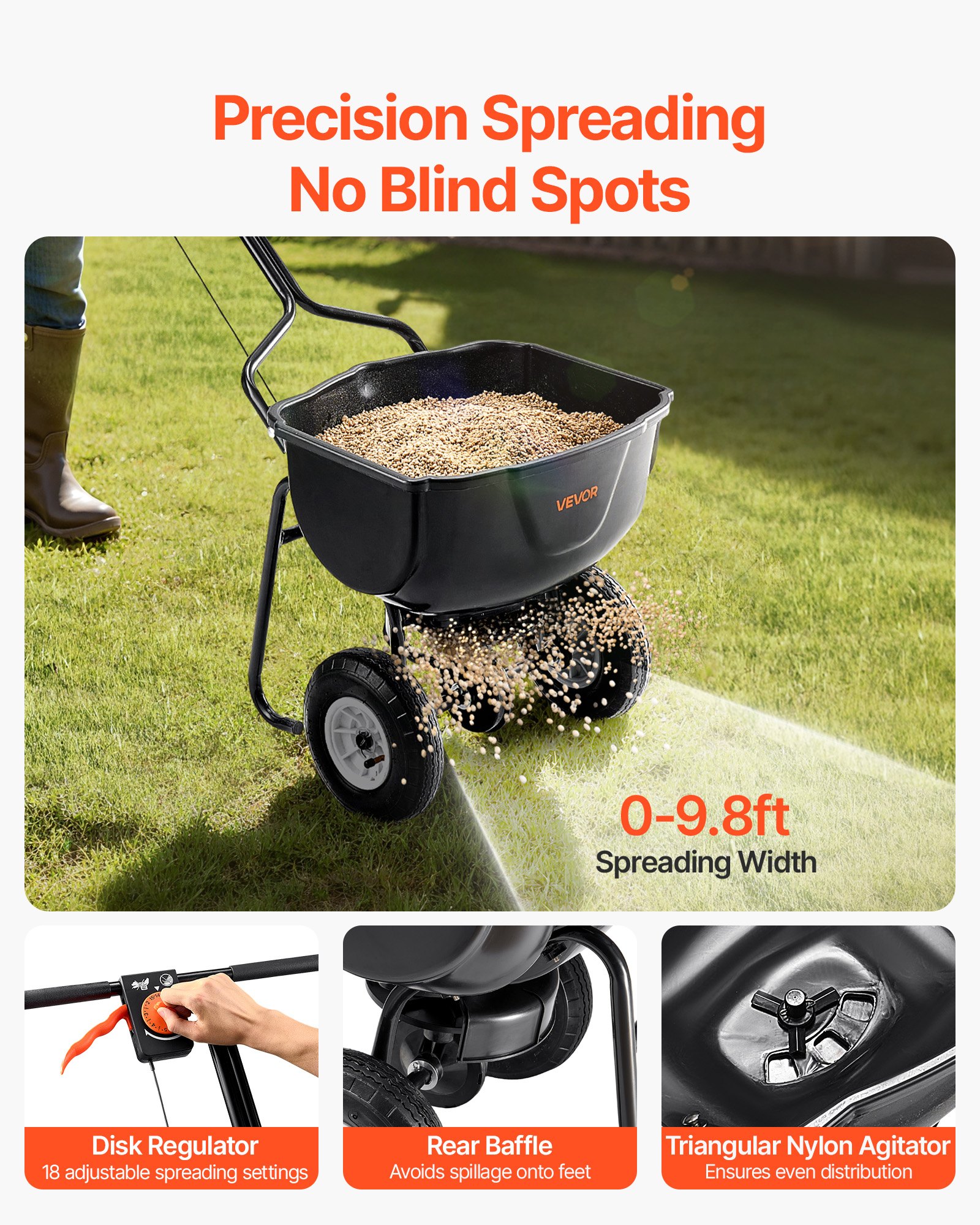 Walk Behind Spreader, 60LBS Capacity, Push Spreader With Hopper Grate, 0-9.8 Ft Spreading Width, 8 In All… image 2