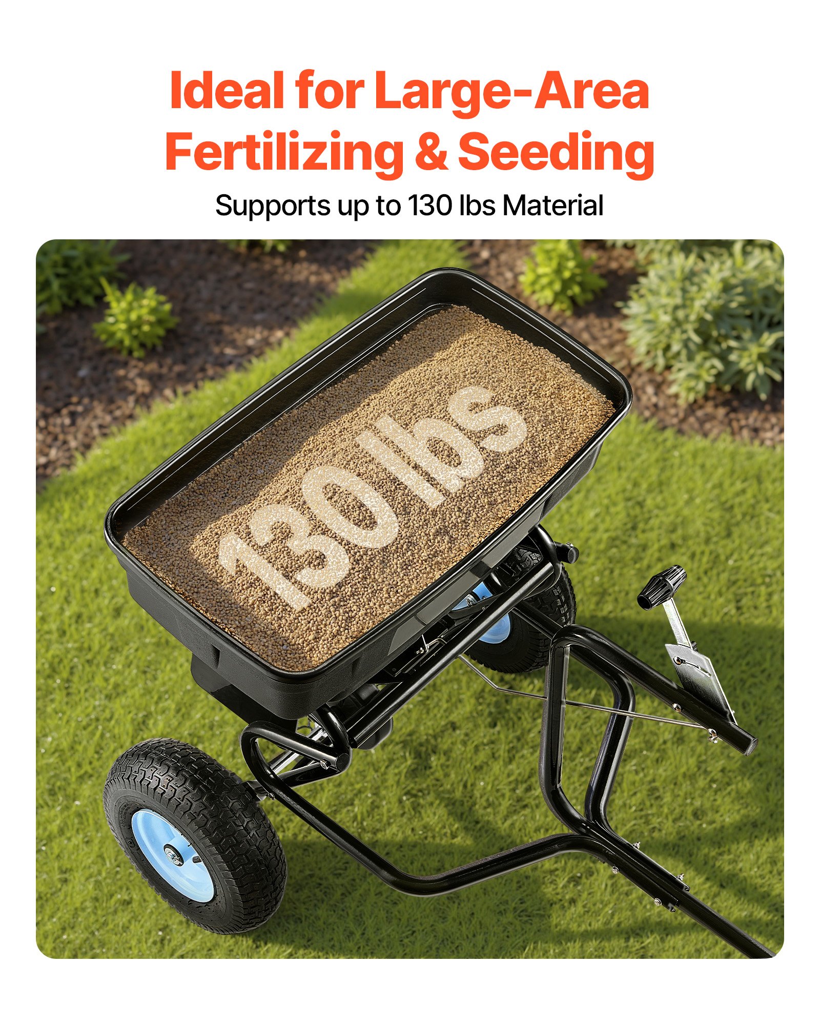 Tow Behind Broadcast Spreader, 130LBS Capacity, Tow/Push Garden Spreader With 13 In Tires, 30 Adjustable Setting & 9.8 Ft Spreading Width, Lawn Spreaders For Seed, Fertilizer, Salt, Ice Melt