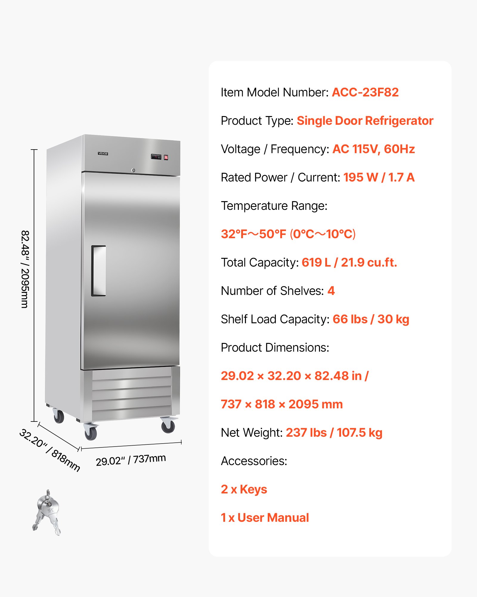 Commercial Reach-In Refrigerator 29" W, 22 Cu.Ft Stainless Steel Upright Refrigerator With Single Door, Auto-Defrost, 4 Adjustable Shelves, 32 To 50℉ Temperature Control, ETL Certified