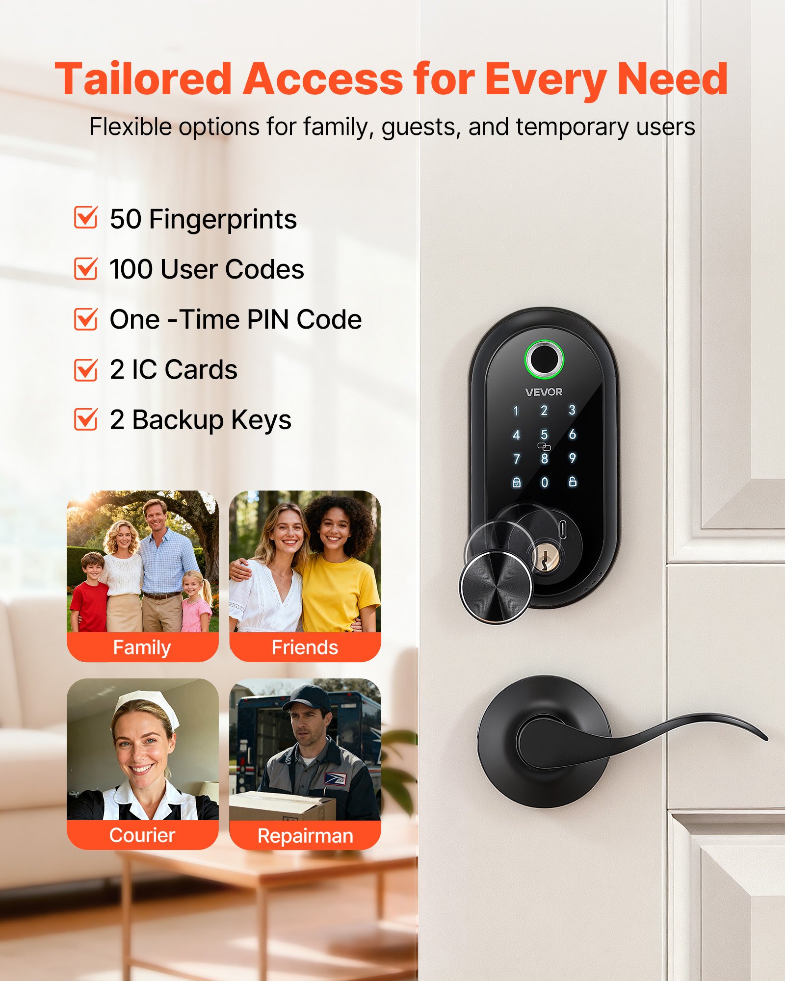 Fingerprint Door Lock Set, Electronic Biometric Deadbolt Keyless Entry Door Lock With Handle, Touchscreen, Auto Locking, One-Time Code, Anti-Peeking Password, IC Cards, For Home, Matte Black