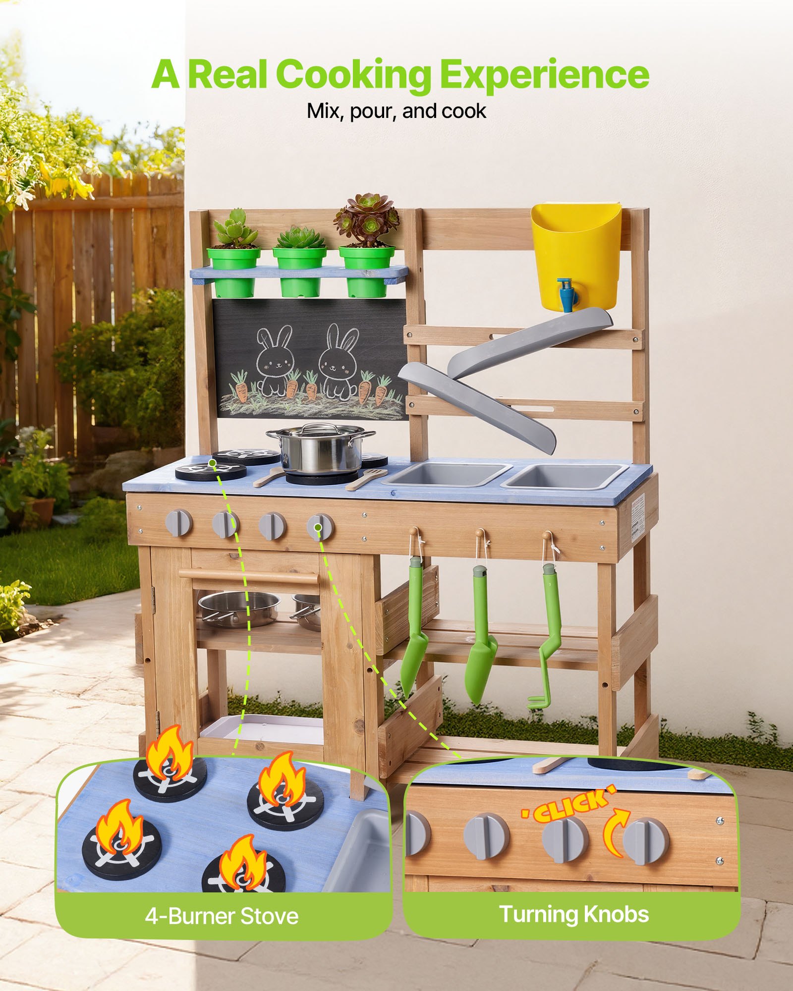 Mud Kitchen, Outdoor Mud Kitchen For Kids, Wood Outdoor Play Kitchens With Stoves, Hooks, Sinks, Planting Shovels, Spatulas, Handle, Cookware Pots And Accessories, Play With Water And Sand