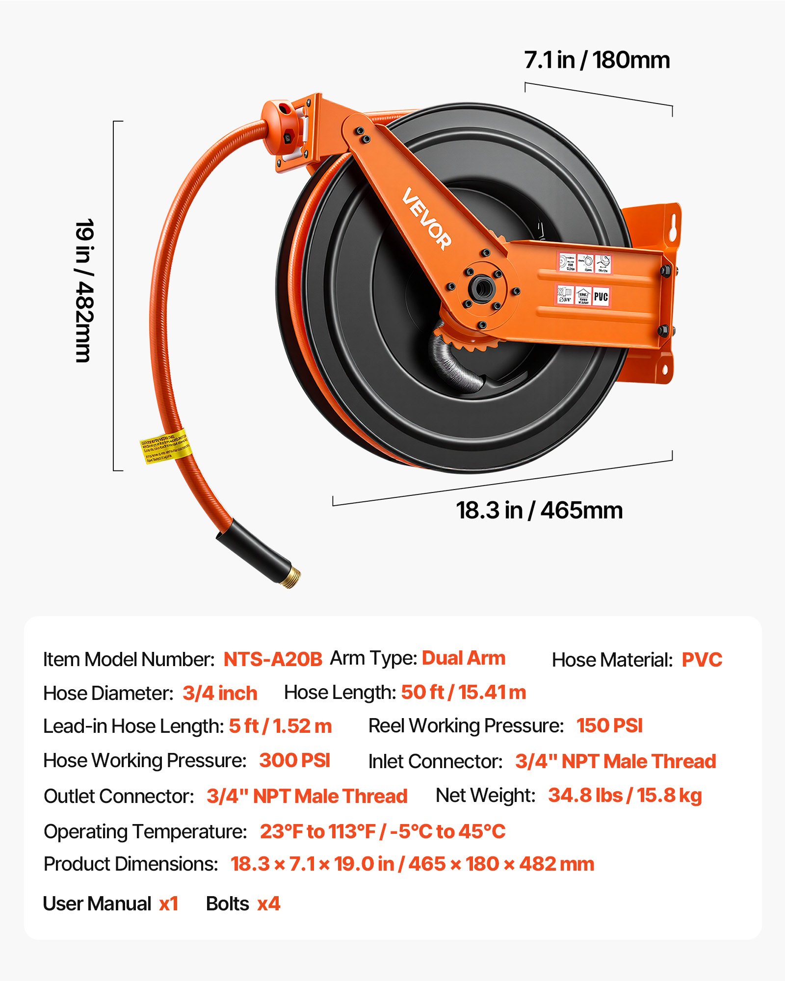 Retractable Air Hose Reel, 3/4 Inch X 50 FT PVC Air Hose Max 300PSI, Auto Rewind Air-Compressor Hoses Reel With 5 Ft Lead In, Ceiling/Wall Mount Heavy Duty Steel Double Arm